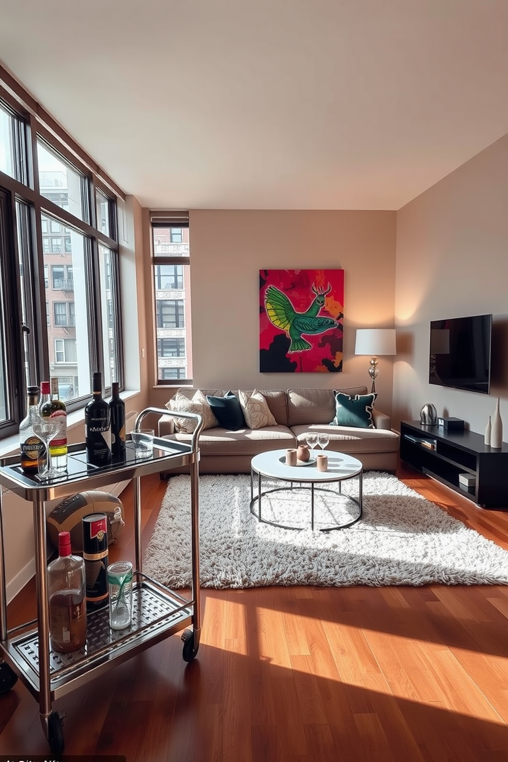 A cozy apartment living room featuring layered lighting with stylish floor and table lamps. The space is adorned with a plush sectional sofa and a modern coffee table, complemented by soft throw pillows and a warm area rug.