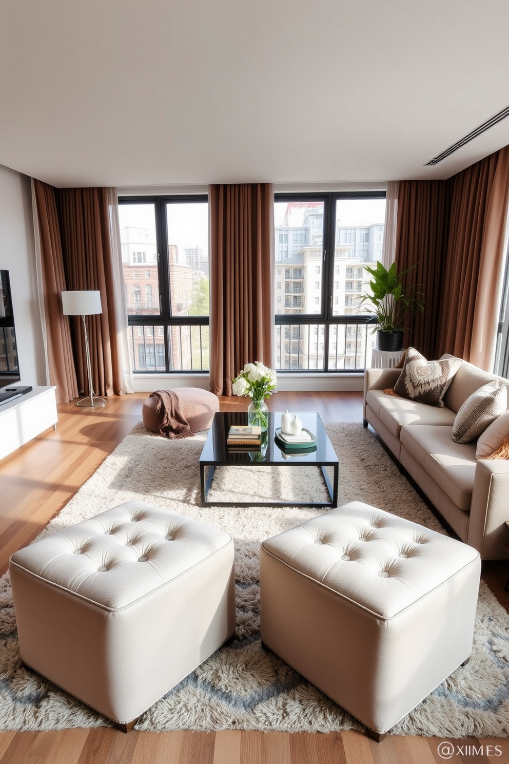 A stylish apartment living room featuring a comfortable sectional sofa in a neutral tone. Brightly colored throw pillows and a vibrant area rug add a pop of color to the space. The walls are adorned with modern art pieces that complement the color scheme. A sleek coffee table sits in the center, surrounded by a few decorative books and a small potted plant.