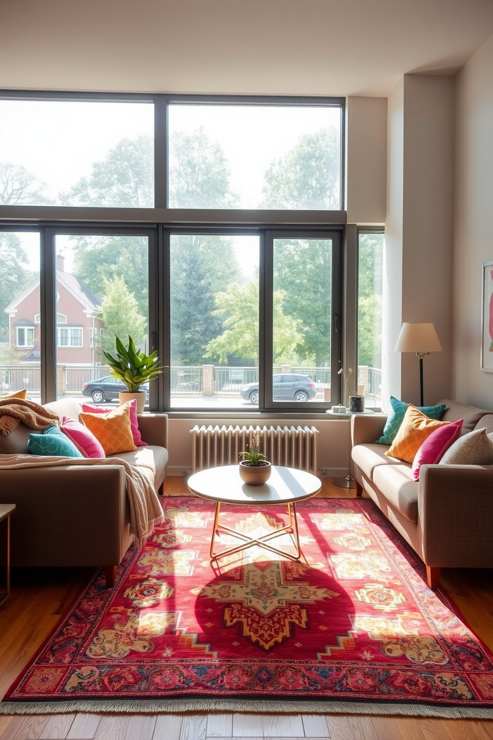 A stylish apartment living room featuring a plush velvet sofa in deep blue complemented by a sleek glass coffee table. The walls are adorned with a gallery of framed abstract art, and a cozy area rug with geometric patterns anchors the seating area. In one corner, a tall indoor plant adds a touch of greenery, while a modern floor lamp with a brushed nickel finish illuminates the space. Soft throw pillows in various textures are scattered across the sofa, enhancing the inviting atmosphere.