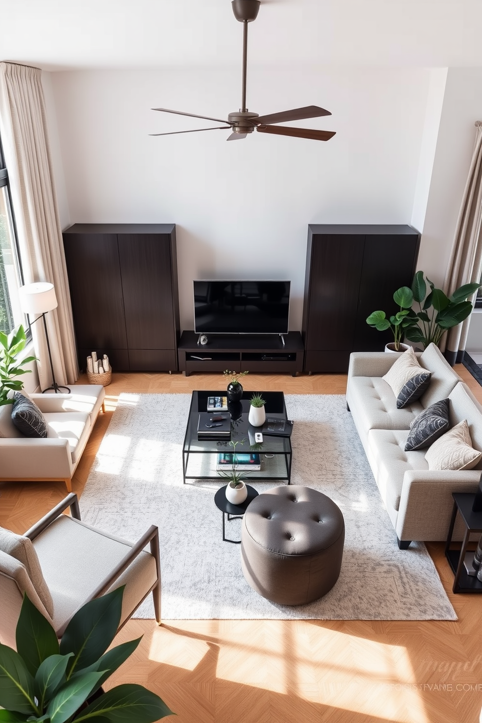 A contemporary apartment living room featuring a foldable desk that seamlessly integrates into the space. The room is adorned with a plush sectional sofa, a sleek coffee table, and a cozy area rug that ties the design together. The walls are painted in a soft gray, providing a neutral backdrop for colorful artwork. Large windows allow natural light to flood the room, highlighting the modern decor and creating an inviting atmosphere.