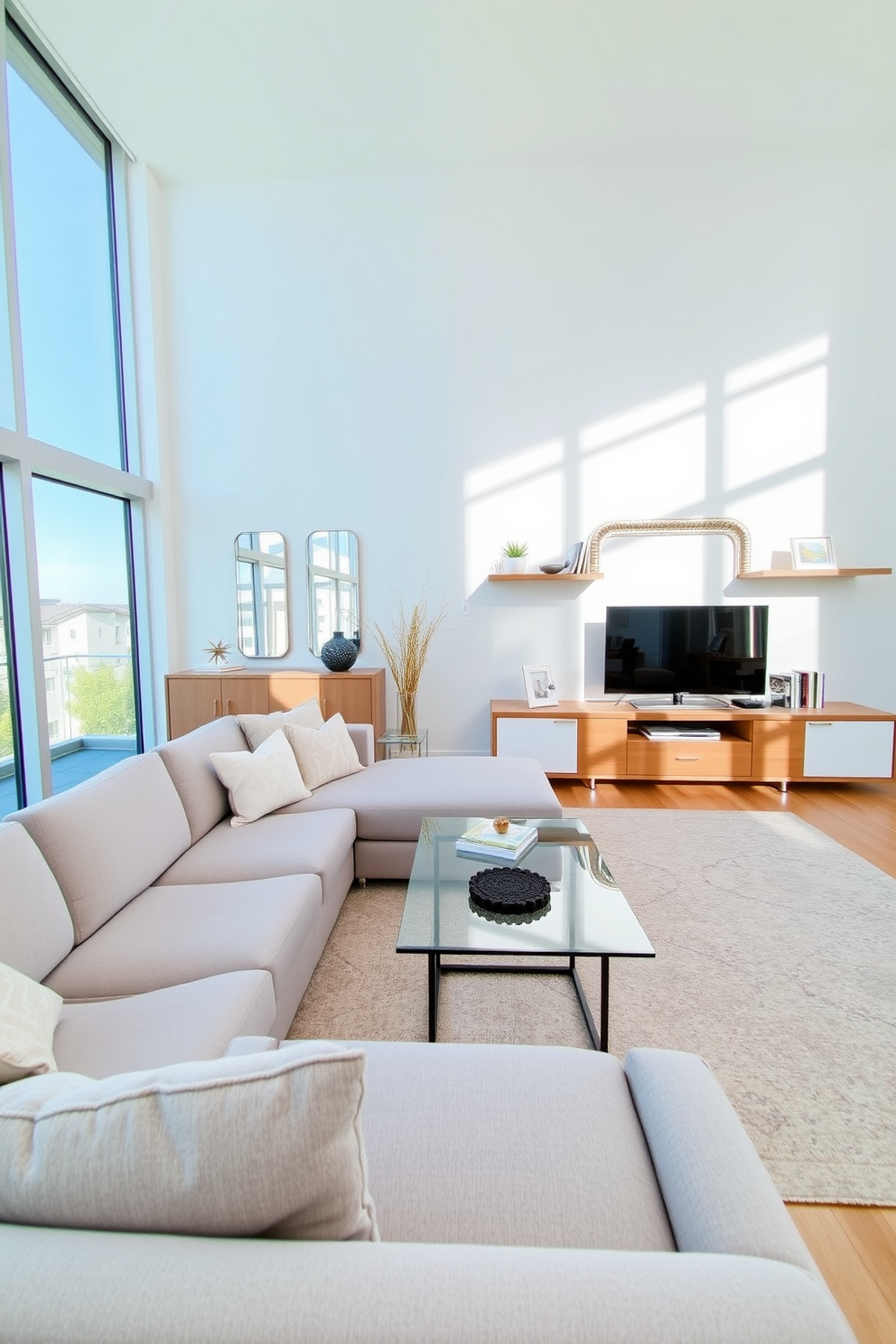 A stylish apartment living room featuring multifunctional furniture that maximizes space. A sleek sofa bed sits against the wall, complemented by a modern coffee table that doubles as a storage unit. In one corner, a compact desk serves as both a workspace and a decorative element, surrounded by vibrant indoor plants. The room is adorned with a soft area rug and large windows that flood the space with natural light.