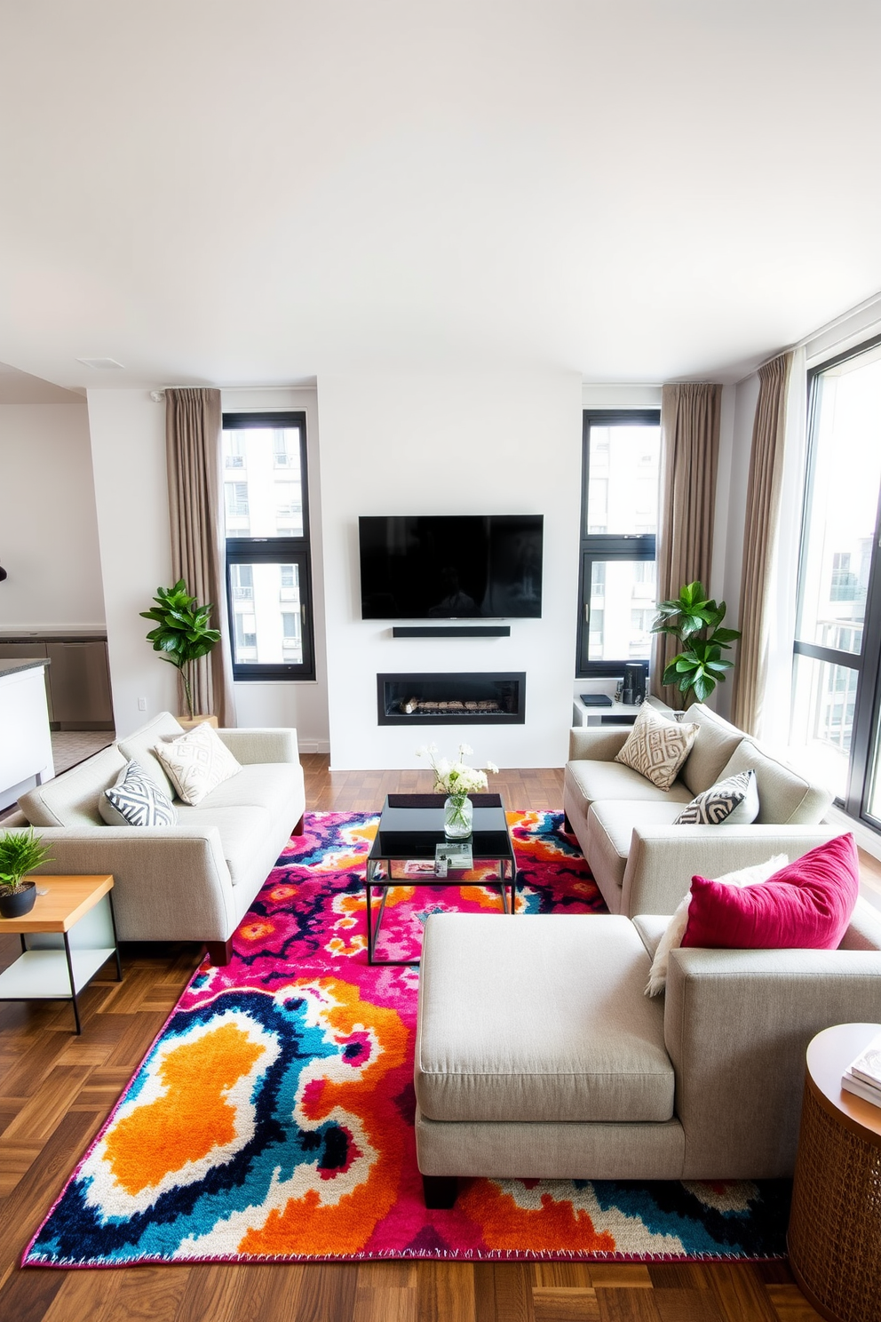 A stylish apartment living room features large windows that allow natural light to flood the space. The room is anchored by a plush sectional sofa in a neutral tone, complemented by vibrant throw pillows that add a pop of color. A sleek coffee table sits at the center, adorned with a stack of art books and a decorative bowl. On the walls, strategically placed mirrors reflect both light and the room's stylish decor, enhancing the sense of openness and airiness.