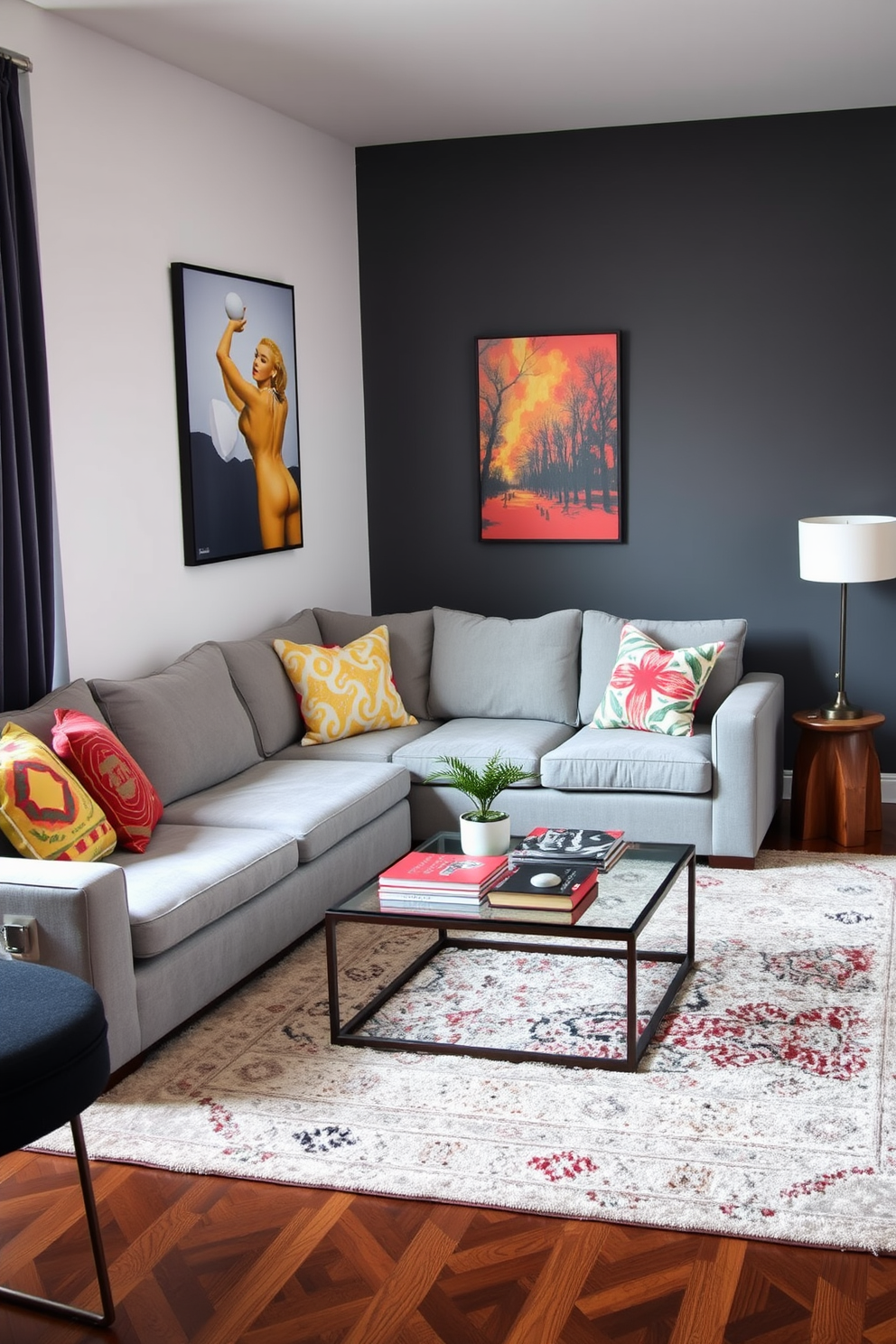 A stylish apartment living room with a cohesive color palette of soft greys and warm beige tones. The space features a plush sectional sofa adorned with textured throw pillows and a sleek coffee table made of glass and metal. Natural light streams in through large windows, illuminating a gallery wall of framed art that complements the color scheme. A cozy area rug anchors the seating arrangement, while a few potted plants add a touch of greenery to the inviting atmosphere.