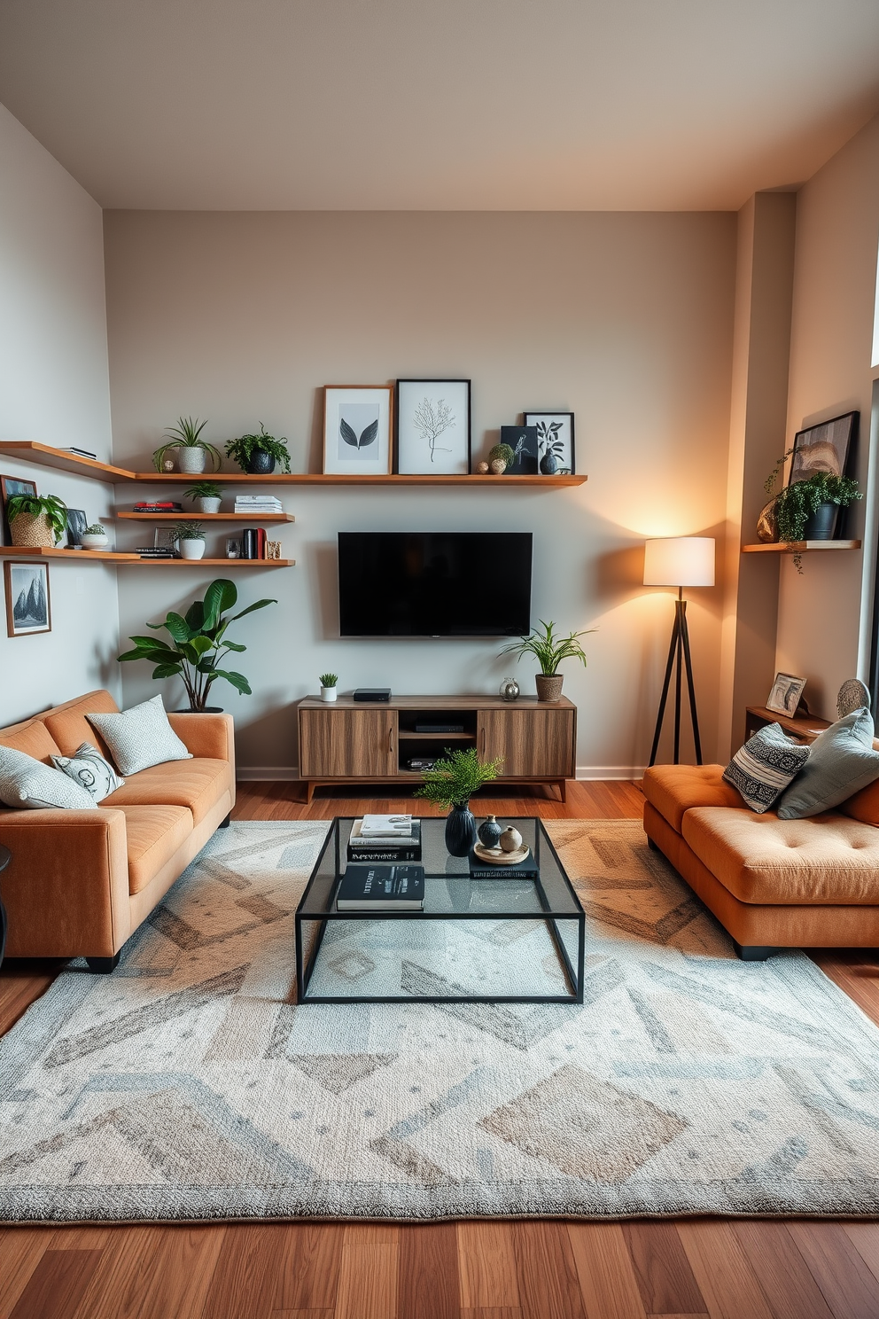 A cozy sectional sofa is placed in the corner of the apartment living room, upholstered in a soft gray fabric that complements the warm wood tones of the floor. A round coffee table sits in front, adorned with a stack of books and a small potted plant, creating an inviting atmosphere for relaxation and conversation. The walls are painted in a light beige hue, enhancing the sense of space and warmth in the room. Floor-to-ceiling windows allow natural light to flood in, while sheer curtains add a touch of elegance and privacy.