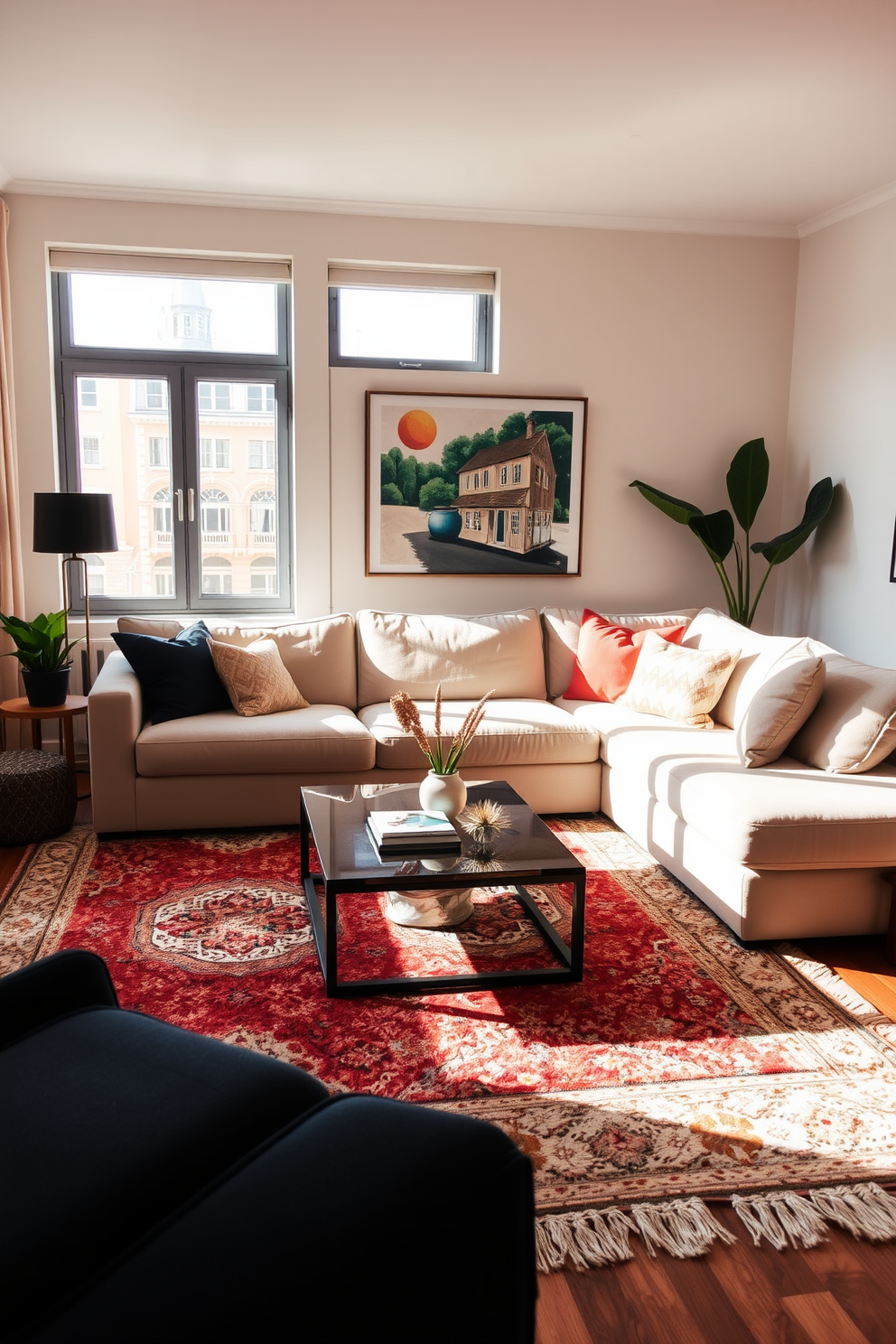 A cozy apartment living room with a large area rug that anchors the seating arrangement. The rug features a soft texture and a neutral color palette, complementing the surrounding furniture. A stylish sofa is positioned against the wall, adorned with colorful throw pillows. A sleek coffee table sits in the center, surrounded by accent chairs that create an inviting conversation area.