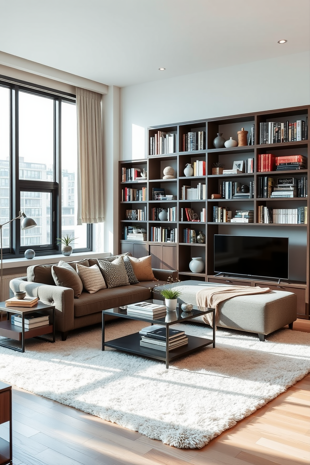 A modern apartment living room featuring floating shelves mounted on the walls for extra storage and display. The shelves are filled with books, decorative items, and plants, creating a cozy and inviting atmosphere.