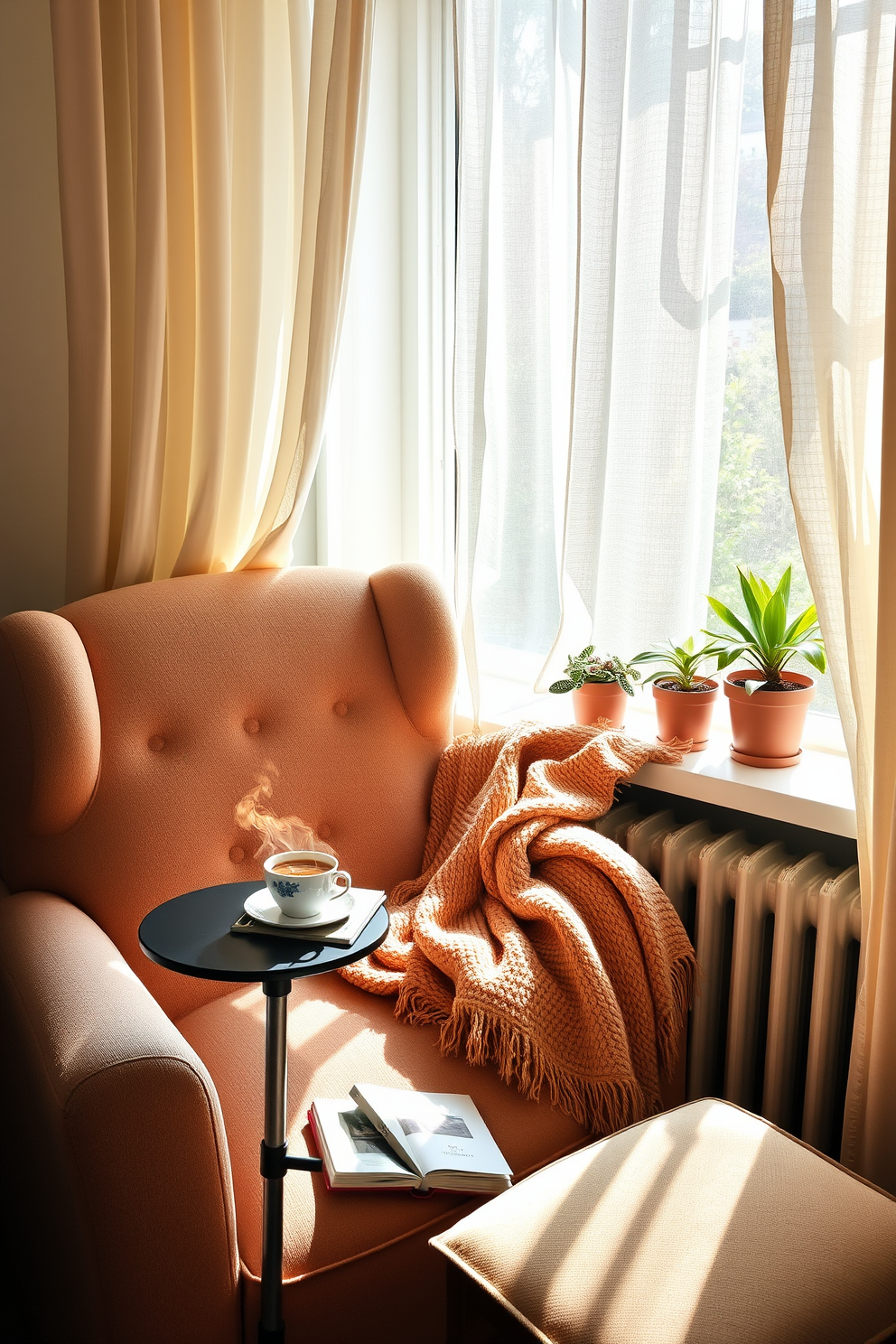 Create a cozy reading nook by the window with a plush armchair upholstered in soft, neutral fabric. A small side table holds a steaming cup of tea and a stack of well-loved books, while a warm throw blanket drapes over the armchair. The window is adorned with sheer curtains that gently filter the sunlight, creating a warm and inviting atmosphere. A small bookshelf nearby is filled with colorful spines, and a lush indoor plant adds a touch of greenery to the space.