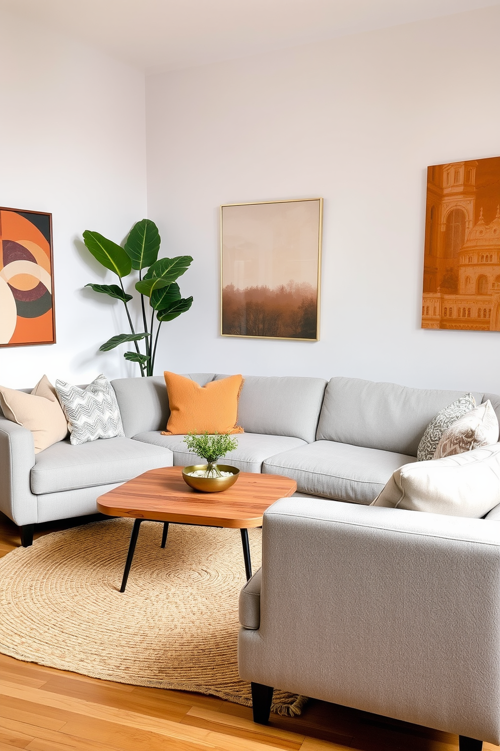 A stylish apartment living room features a plush sectional sofa in a deep navy blue, complemented by a sleek glass coffee table at its center. Bold artwork in vibrant colors adorns the walls, creating a focal point that draws the eye and adds visual interest to the space. Natural light floods the room through large windows draped with sheer white curtains, enhancing the airy feel of the design. A cozy reading nook is created with a modern armchair and a soft throw blanket, inviting relaxation amidst the artistic ambiance.