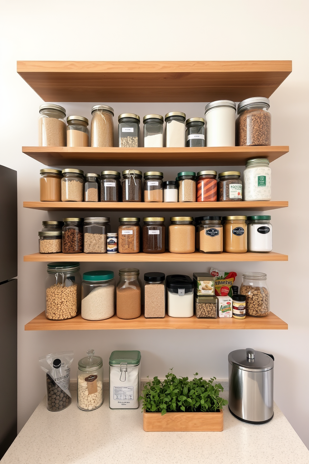 Open shelving creates a functional and visually appealing apartment pantry. The shelves are filled with neatly organized jars and containers, showcasing a variety of grains, spices, and snacks. The backdrop features a soft, neutral color that enhances the warmth of the wooden shelves. A small herb garden sits on the countertop, adding a touch of greenery and freshness to the space.