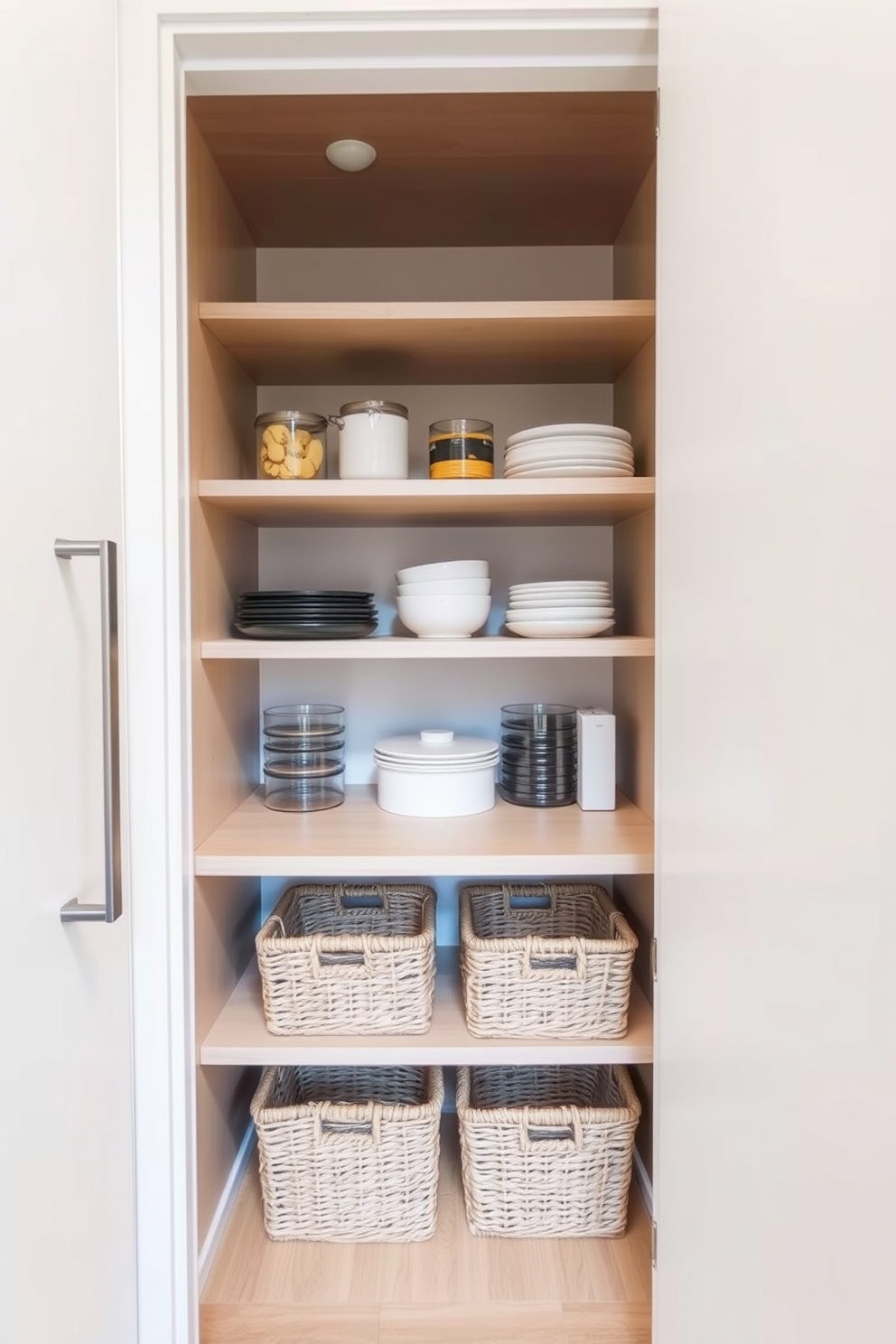 A modern apartment pantry featuring under-shelf baskets for extra storage. The walls are painted in a soft white tone, and the shelves are made of light wood to create a warm atmosphere.