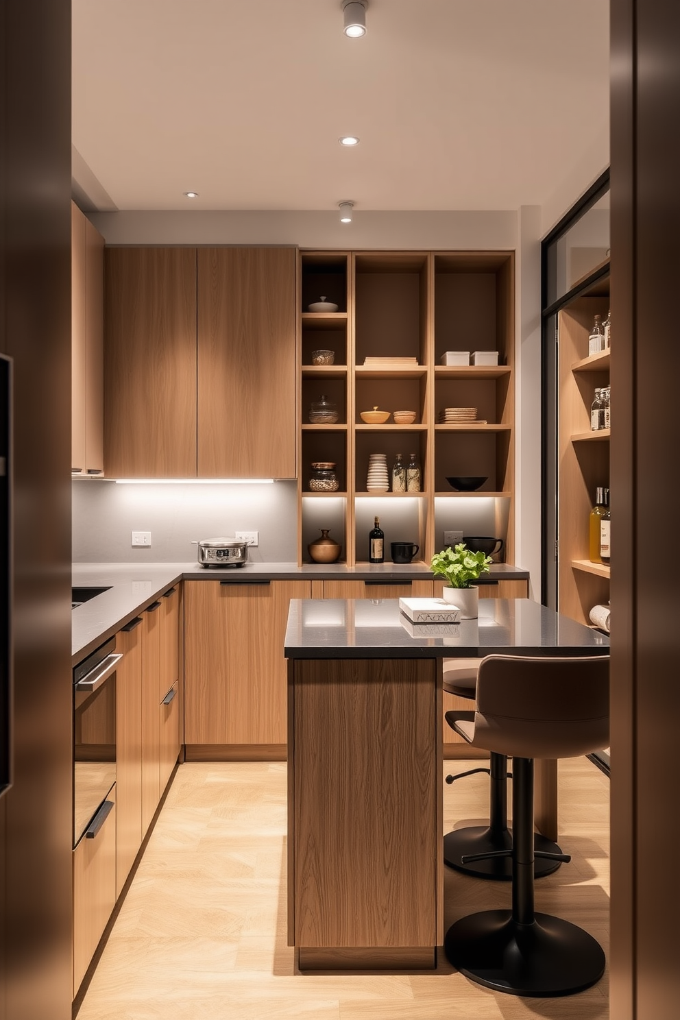 A stylish apartment pantry featuring rolling carts for flexible storage options. The pantry is organized with a combination of open shelves and rolling carts, allowing easy access to kitchen essentials.