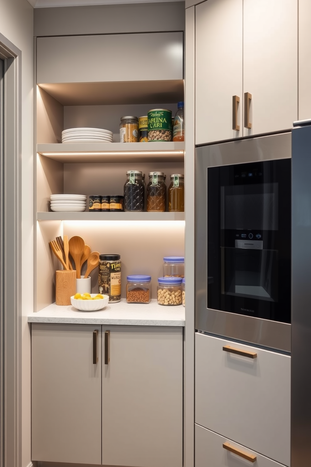 Magnetic strips for knife storage are mounted on the wall, providing a sleek and modern solution for keeping knives organized and easily accessible. The kitchen features a minimalist aesthetic with clean lines and a neutral color palette, allowing the magnetic strips to stand out as a functional design element. The apartment pantry is designed with open shelving and pull-out drawers, maximizing space and promoting easy access to ingredients. Soft, warm lighting highlights the organized layout, creating an inviting atmosphere for cooking and meal preparation.