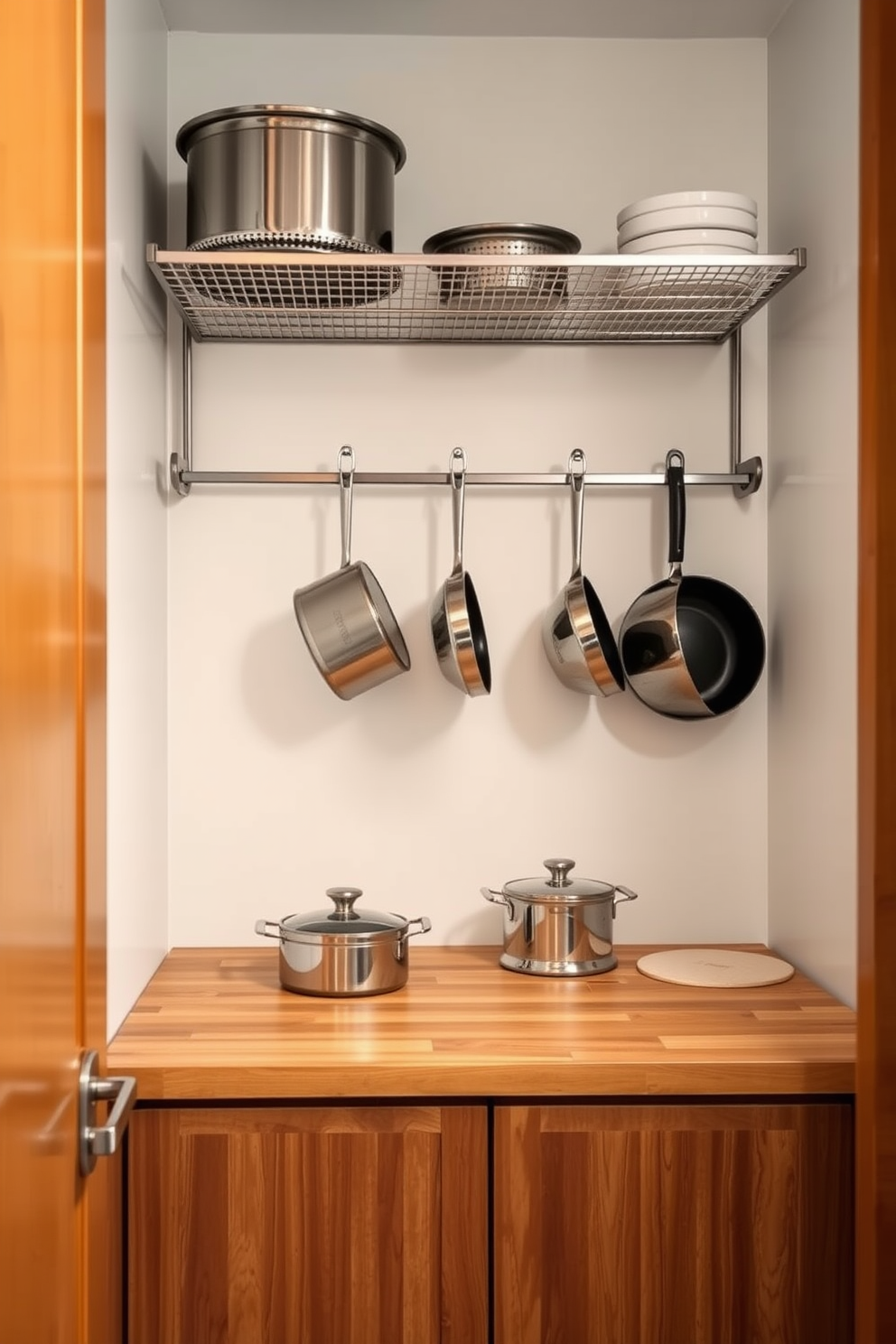 A stylish apartment pantry featuring hanging racks for pots and pans. The racks are made of brushed stainless steel and are mounted on the wall above a wooden countertop with ample storage space below.