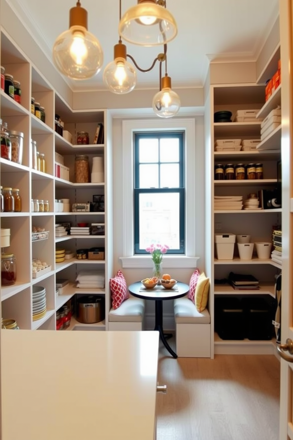 A bright and inviting apartment pantry with ample storage space. The shelves are organized with clear containers and labeled jars, while a small window allows natural light to illuminate the area. Incorporate a cozy seating nook with a small table for quick meals. Soft, warm lighting fixtures hang above, creating a welcoming atmosphere for cooking and entertaining.