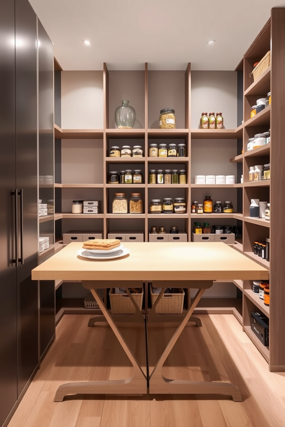 A modern apartment pantry featuring a foldable table that can be easily extended when needed. The space is organized with open shelving, neatly arranged jars, and a subtle color palette that enhances the overall functionality and aesthetics.