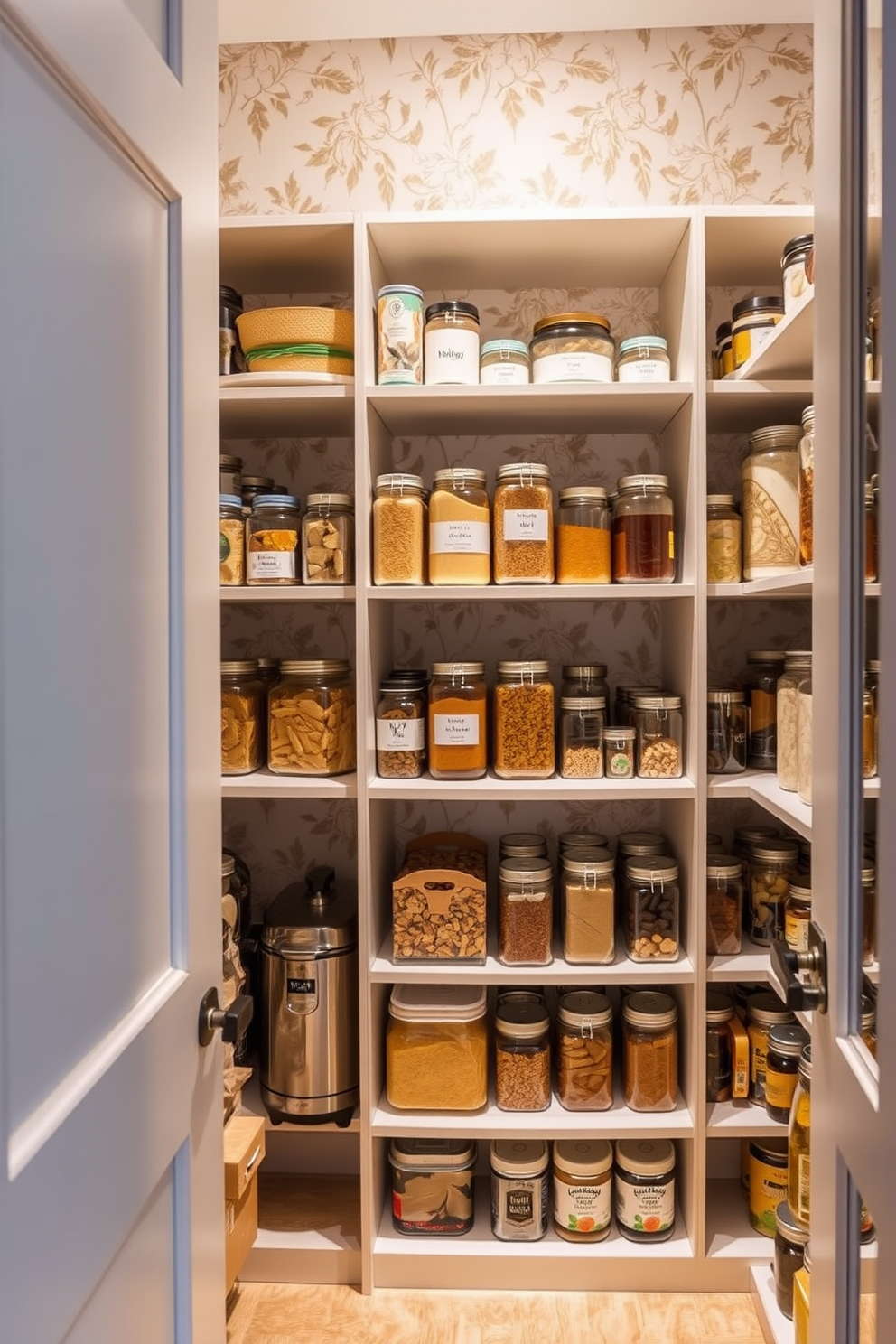 A stylish apartment pantry features decorative wallpaper with a subtle floral pattern that adds warmth and character to the space. Shelving units are lined with neatly organized jars and containers, creating an inviting and functional area for food storage.