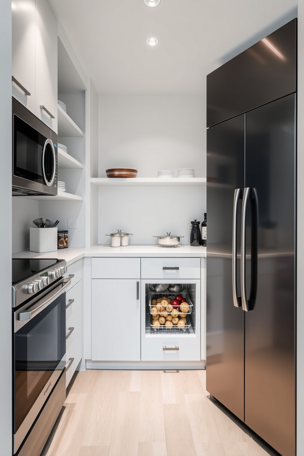 A cozy apartment pantry featuring wire baskets for breathable storage. The space is organized with labeled baskets filled with grains, snacks, and canned goods, creating an inviting and functional atmosphere.