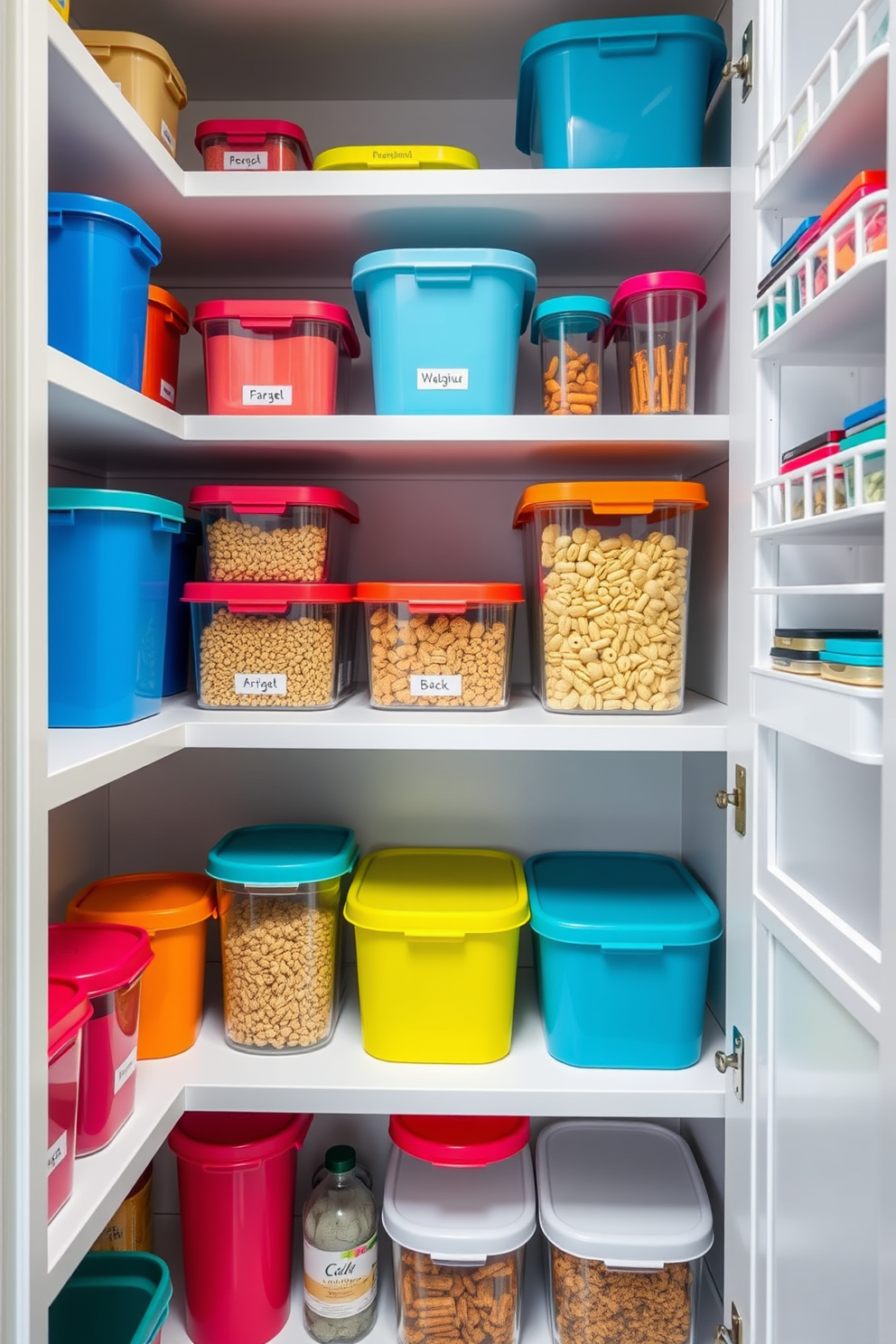 A modern apartment pantry featuring color-coded containers for easy sorting. The shelves are neatly arranged with various sizes of containers in vibrant colors, clearly labeled for quick access.