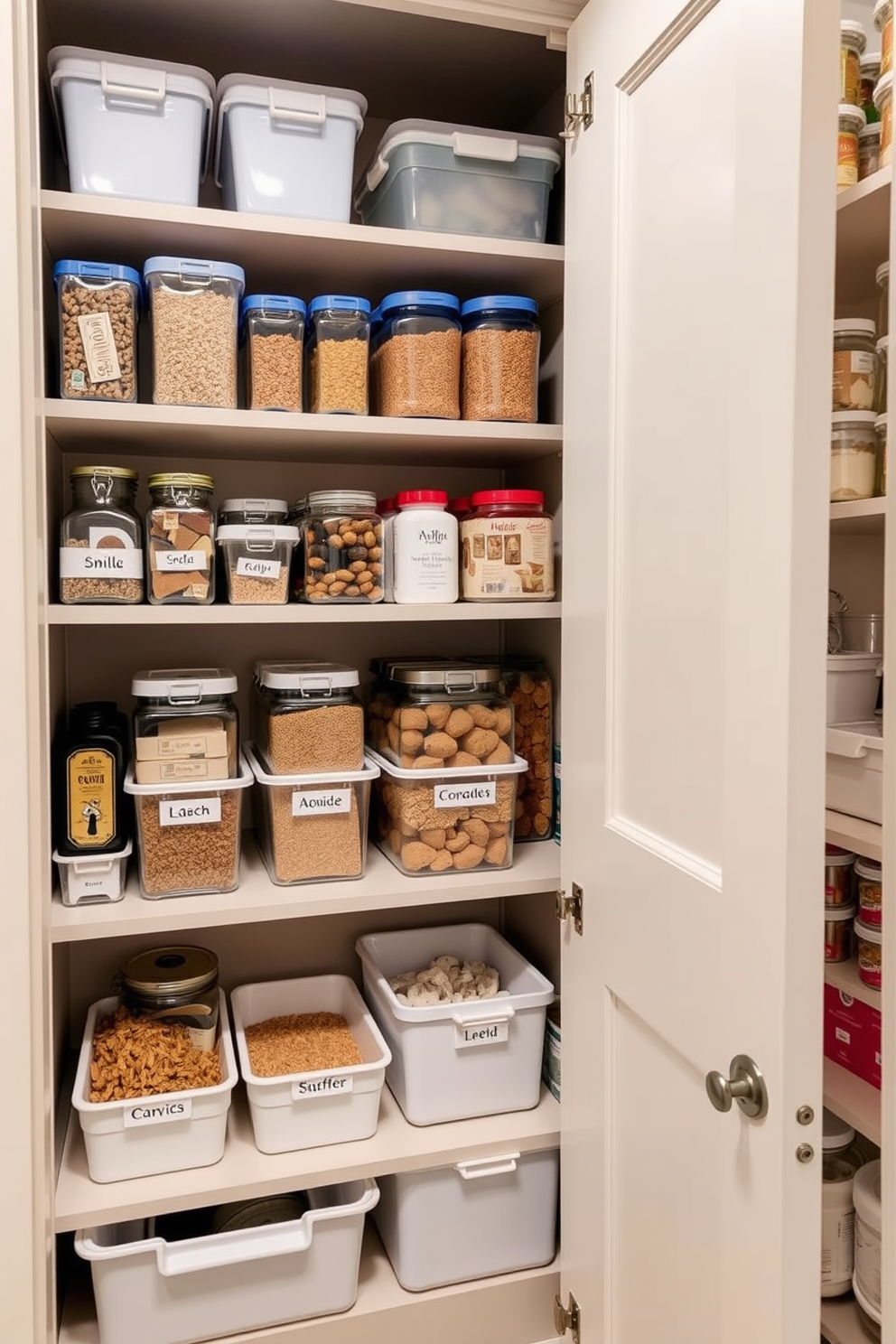 A cozy apartment pantry with bright lighting fixtures that enhance the space. The shelves are lined with organized jars and containers, showcasing a variety of ingredients and snacks. Stylish pendant lights hang from the ceiling, casting a warm glow throughout the pantry. The walls are painted in a soft white color, creating an inviting atmosphere for meal prep and storage.