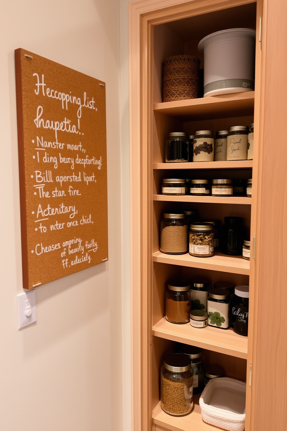 A cozy apartment pantry featuring a corkboard mounted on the wall for shopping lists and notes. The pantry includes open shelving with neatly organized jars and containers, complemented by warm wood tones and soft lighting.