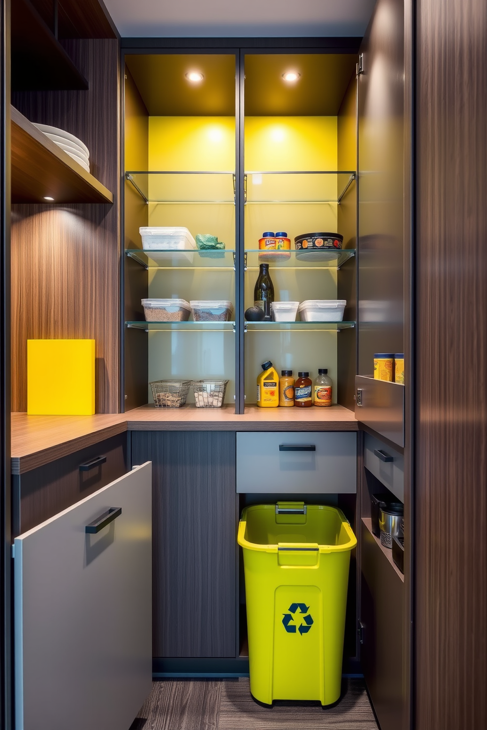 A modern apartment pantry featuring integrated recycling bins for convenience. The design includes sleek cabinetry with pull-out shelves and organized compartments for easy access to pantry items and recycling.