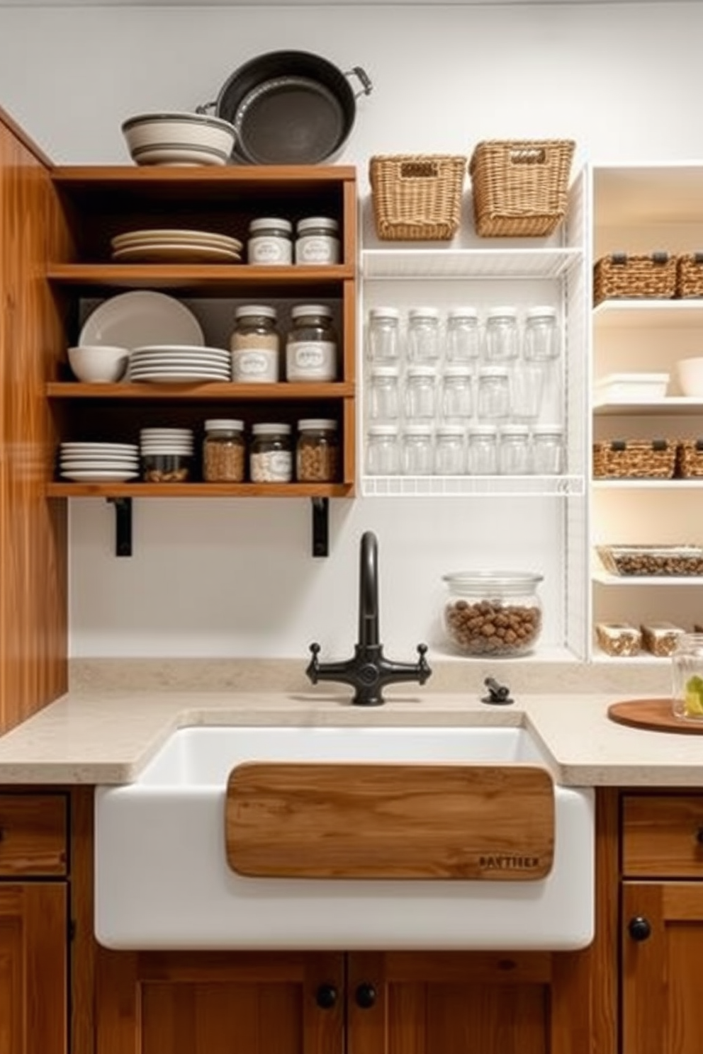 A charming farmhouse sink is the focal point of this rustic kitchen, surrounded by wooden cabinetry and open shelving displaying vintage dishware. The sink is complemented by a matte black faucet and a natural wood cutting board, enhancing the warm, inviting atmosphere. The apartment pantry features efficient shelving and clever storage solutions, maximizing space while maintaining a clean aesthetic. Soft, ambient lighting highlights the organized jars and baskets, creating a functional yet stylish pantry area.