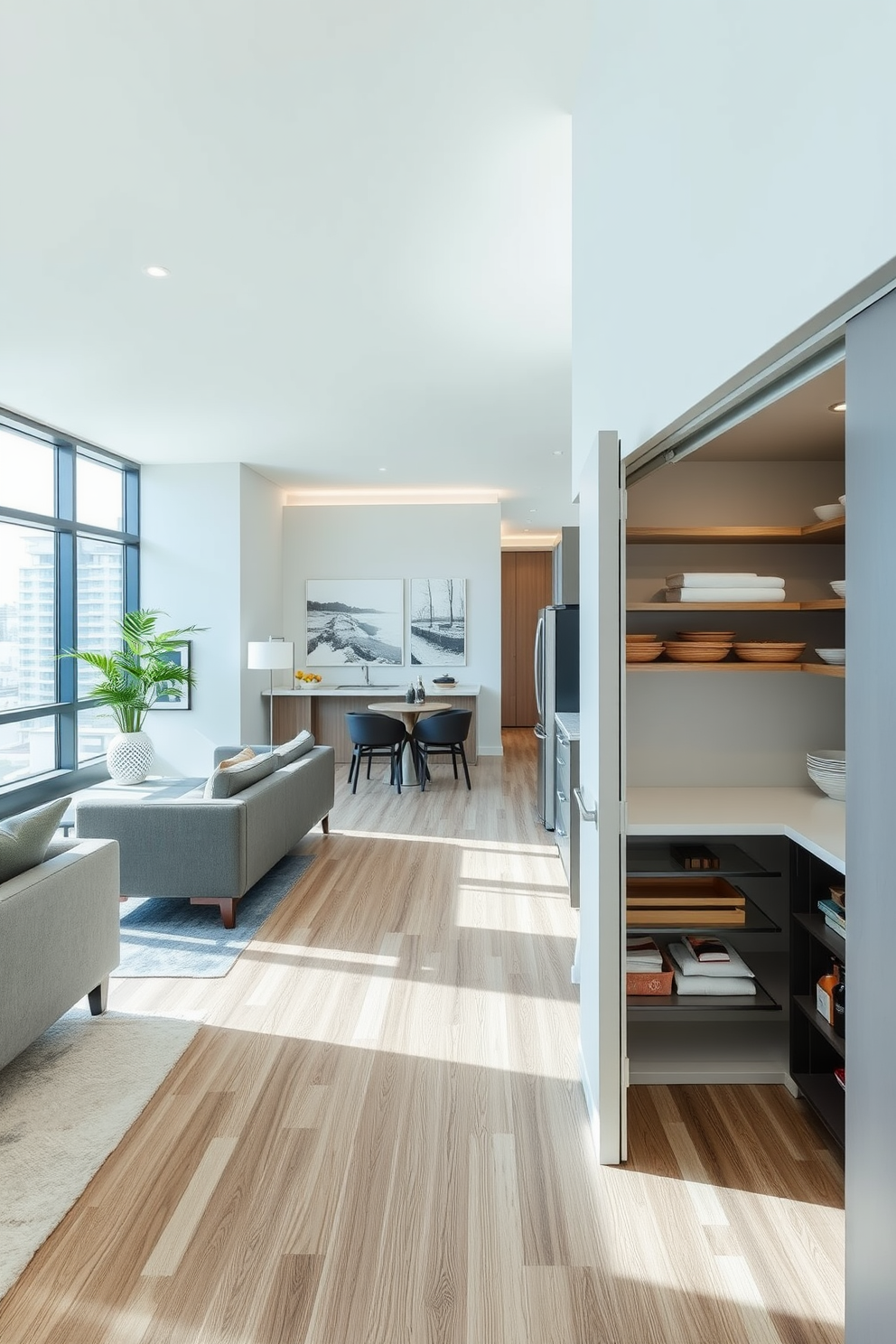 A modern apartment pantry featuring integrated appliances for a streamlined look. The cabinetry is sleek and minimalistic with a matte finish, blending seamlessly with the surrounding kitchen design. The pantry includes a built-in refrigerator and microwave, providing a cohesive appearance. Open shelving above displays neatly organized jars and kitchen essentials, enhancing both functionality and aesthetics.