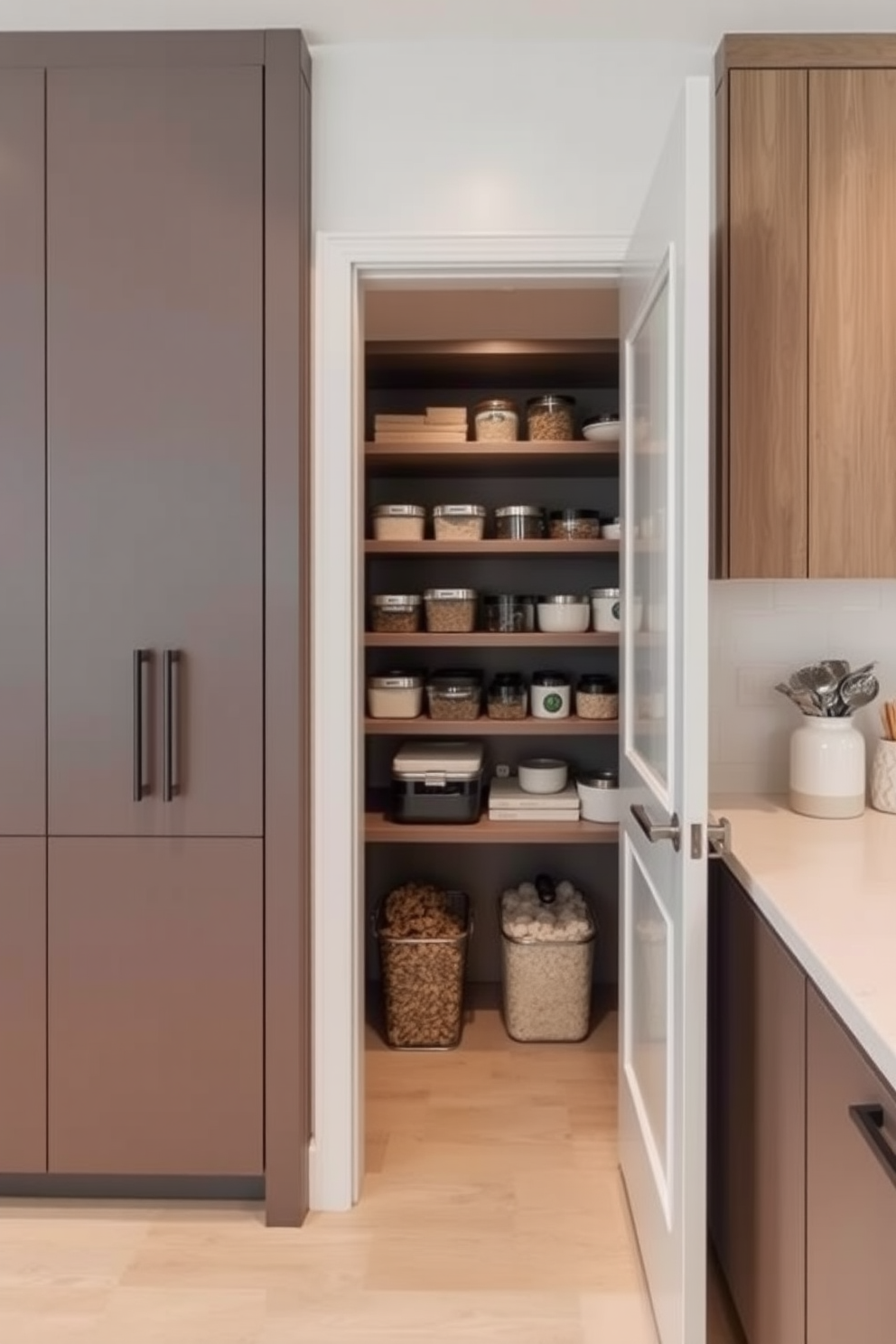 A hidden pantry is cleverly concealed behind a false wall, seamlessly blending with the surrounding cabinetry. The space is organized with open shelving, providing easy access to dry goods and kitchen essentials while maintaining a clean aesthetic.