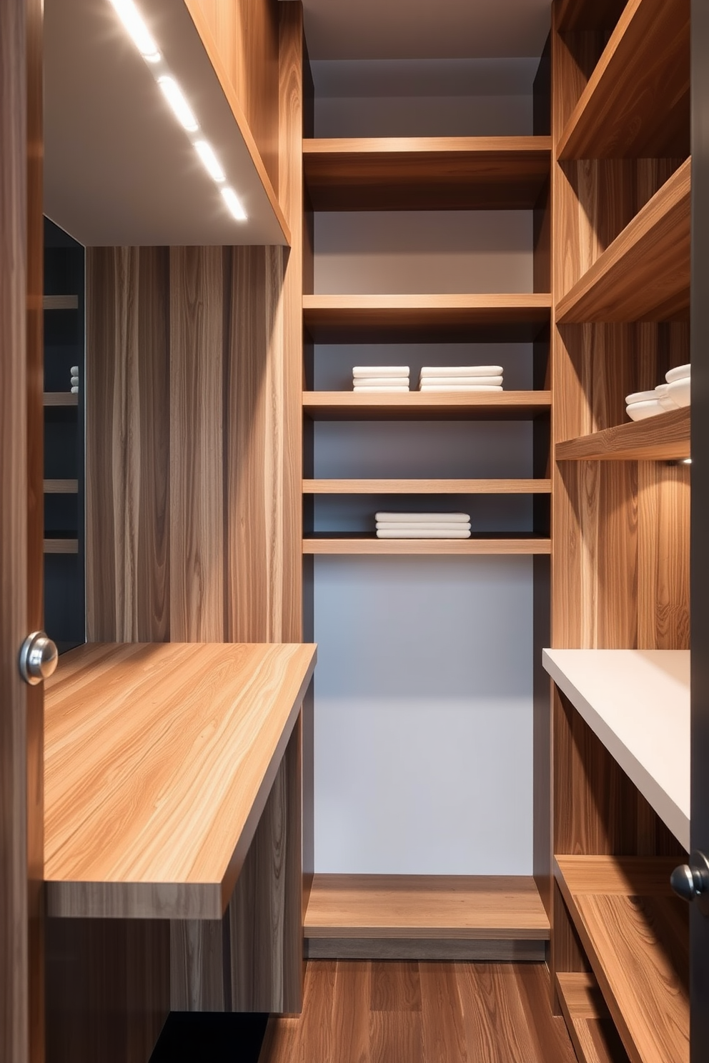 A narrow pantry with sliding shelves designed for an apartment setting. The shelves are made of sleek wood, maximizing storage space while maintaining a modern aesthetic.