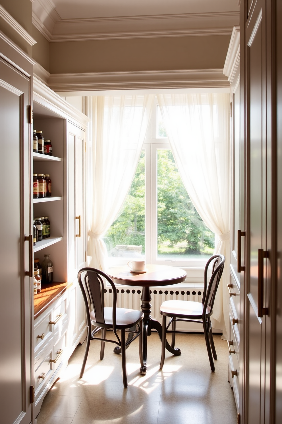 A stylish pantry design featuring decorative molding that adds an elegant touch to the overall aesthetic. The cabinetry is painted in a soft white, complemented by brass hardware and open shelving displaying neatly arranged jars and spices. The pantry includes a cozy nook with a small wooden table and two chairs, perfect for enjoying a morning coffee. Natural light floods the space through a window adorned with sheer curtains, creating a warm and inviting atmosphere.