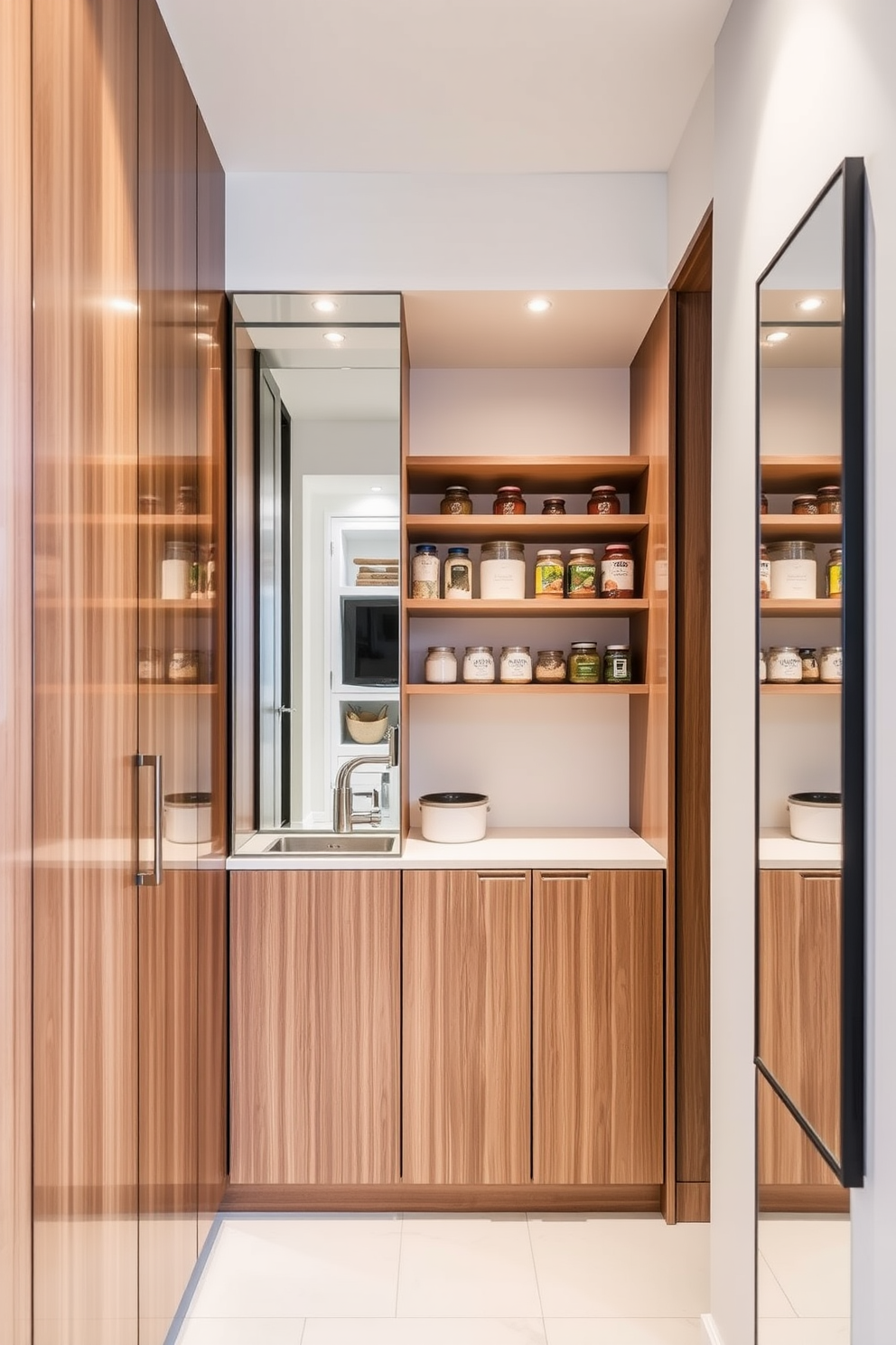 A modern apartment pantry featuring sleek cabinetry with a glossy finish. The space is enhanced by strategically placed mirrors that reflect light and create an illusion of depth. Open shelving displays neatly arranged jars and containers, while a small countertop provides space for meal prep. The walls are painted in a soft white, complementing the warm wood tones of the cabinetry.