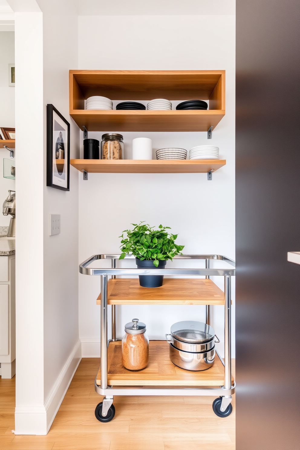 A stylish apartment pantry featuring a portable cart for flexible storage. The cart is made of sleek metal with wooden shelves, providing easy access to kitchen essentials and decorative jars. The pantry walls are painted in a soft white color, complemented by open shelving above the cart. A small potted herb garden sits on the cart, adding a touch of greenery and freshness to the space.