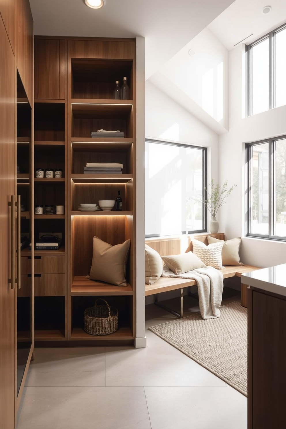 A cozy seating area features a built-in bench with plush cushions and a soft throw blanket, creating an inviting space for relaxation. Natural light floods the area through large windows, highlighting the warm wood tones of the bench and surrounding decor. The pantry design incorporates sleek cabinetry with open shelving for easy access to pantry essentials, all in a modern minimalist style. Soft LED lighting illuminates the space, enhancing the functionality and aesthetic appeal of the pantry.