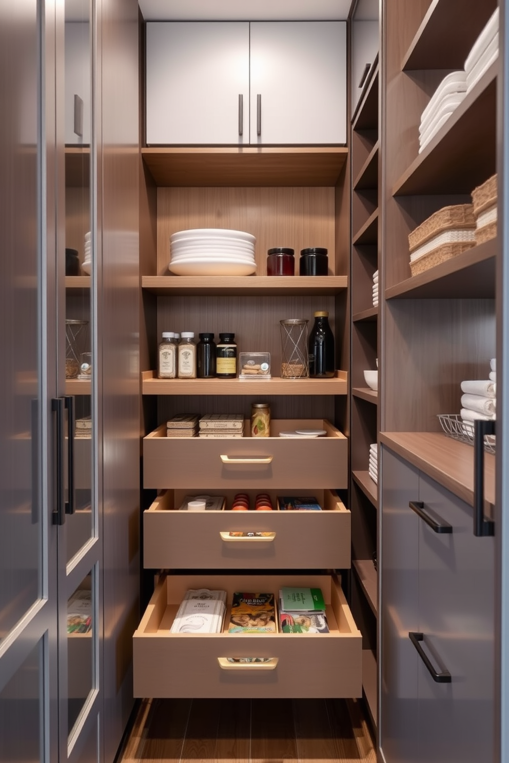 A stylish apartment pantry featuring pull-out drawers for hidden items. The design includes sleek cabinetry with a combination of open shelving and closed storage to maintain a clean and organized look.