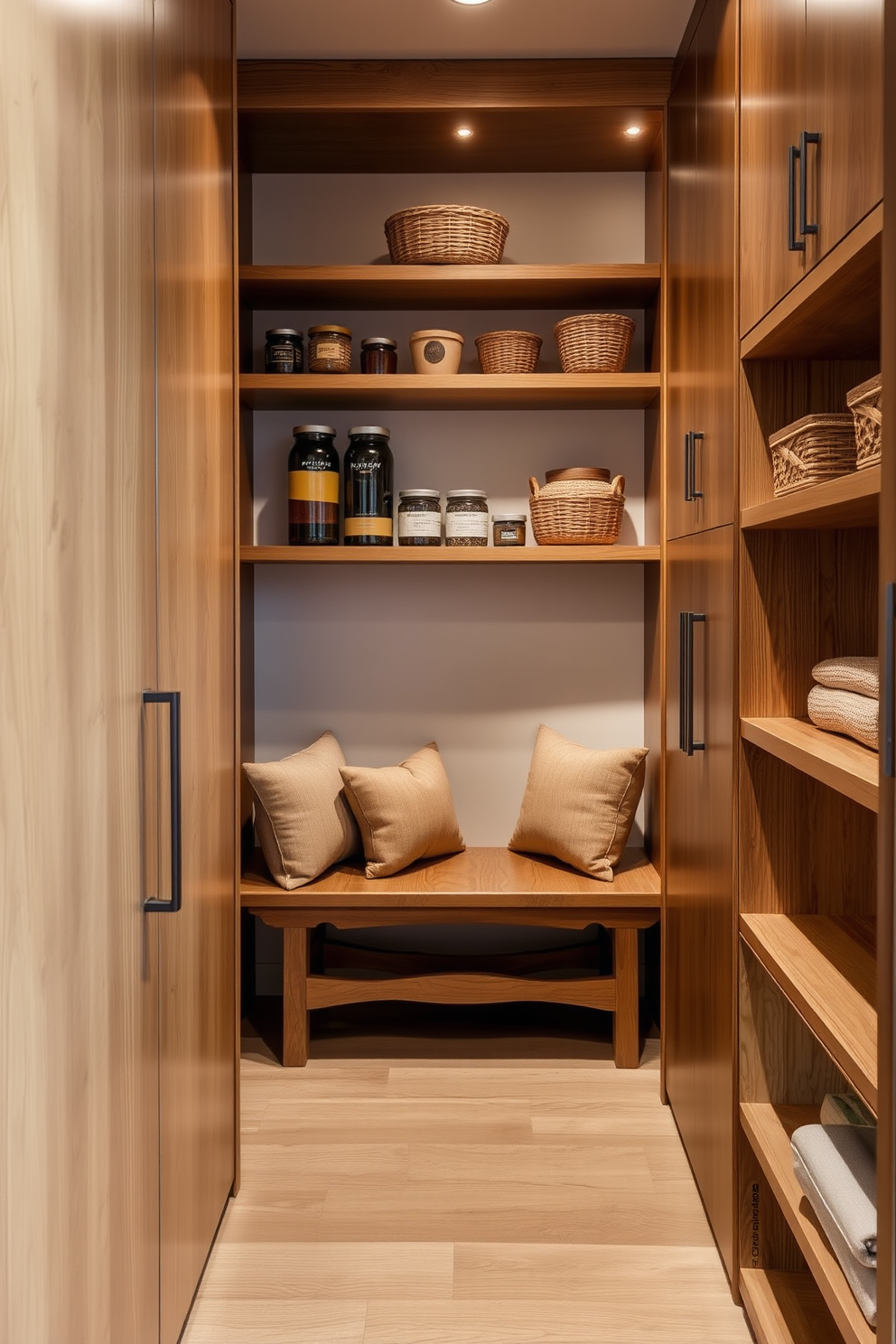 Natural wood finishes create a warm and inviting atmosphere in an apartment pantry. The cabinetry features rich oak tones, complemented by open shelving displaying artisanal jars and rustic baskets. A cozy reading nook is incorporated within the pantry, complete with a small wooden bench and plush cushions. Soft lighting illuminates the space, enhancing the natural textures and inviting a sense of comfort.