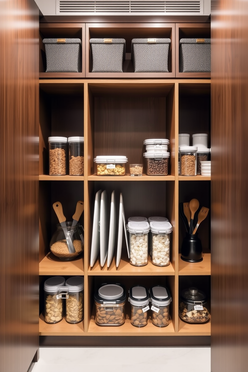 A modern apartment pantry designed for optimal vertical storage. Shelves extend from floor to ceiling, filled with neatly organized jars and containers, while a slim pull-out cabinet maximizes corner space. Soft ambient lighting illuminates the pantry, highlighting the natural wood finishes of the shelves. A small ladder on wheels provides easy access to the top shelves, ensuring every inch of space is utilized efficiently.