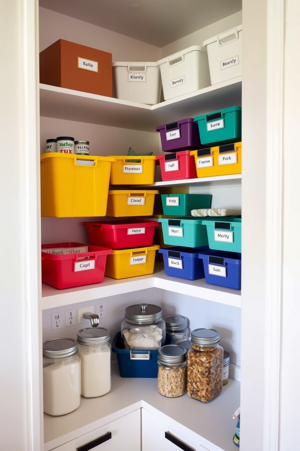 A modern apartment pantry featuring labeled bins for quick identification. The bins are arranged on open shelves with a clean and organized layout, showcasing a variety of colors and sizes for easy access. Natural light floods the space through a small window, highlighting the sleek cabinetry and minimalist design. The walls are painted in a soft white, creating a bright and airy atmosphere that complements the functional storage solutions.