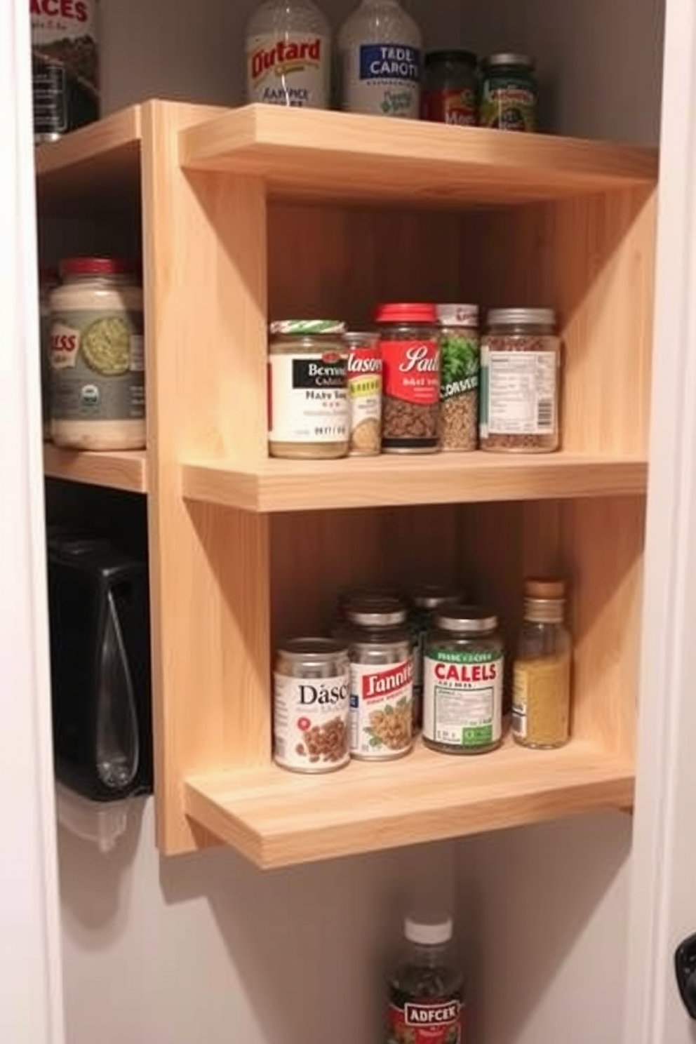 A stylish apartment pantry design featuring corner shelves to maximize space. The shelves are crafted from light wood and are filled with neatly organized jars and containers, adding a touch of warmth to the room. The pantry walls are painted in a soft white hue, creating an airy atmosphere. A small round table with two chairs is placed in the center, perfect for enjoying a quick meal or coffee.