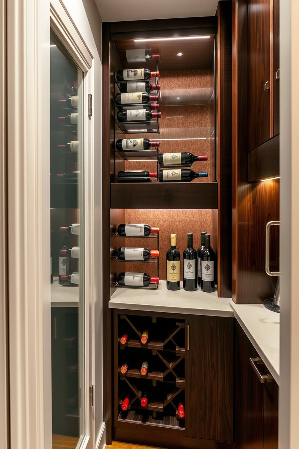 A stylish apartment pantry featuring a built-in wine rack seamlessly integrated into the cabinetry. The wine rack is crafted from dark wood, showcasing an array of wine bottles against a backdrop of soft ambient lighting.