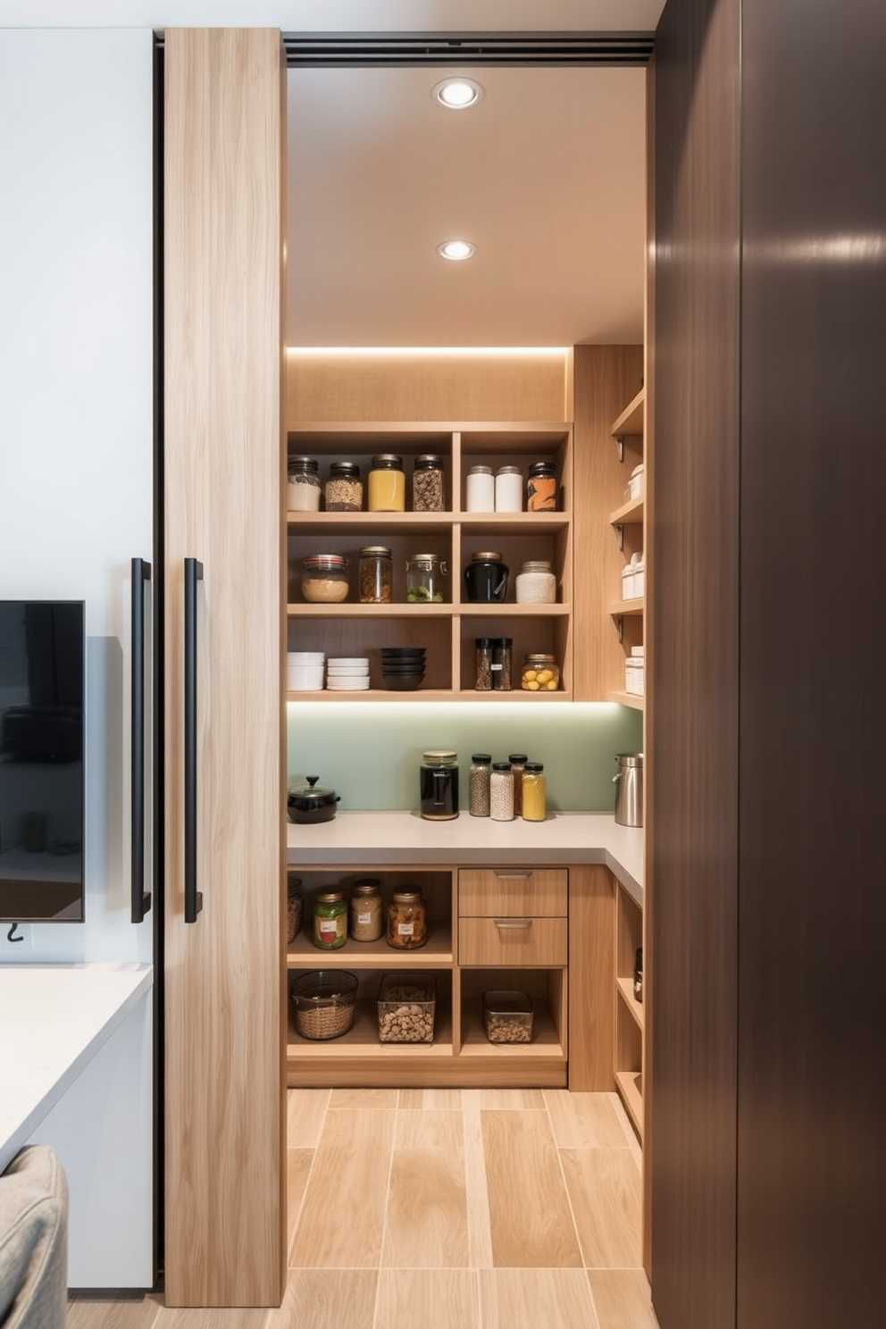 A modern apartment pantry featuring sliding doors that seamlessly blend into the wall. The interior is organized with open shelving made of light wood, showcasing neatly arranged jars and containers for easy access. A small countertop area is included for meal prep, complemented by a stylish backsplash in a soft pastel color. The pantry is well-lit with recessed lighting, creating an inviting atmosphere for cooking and storage.