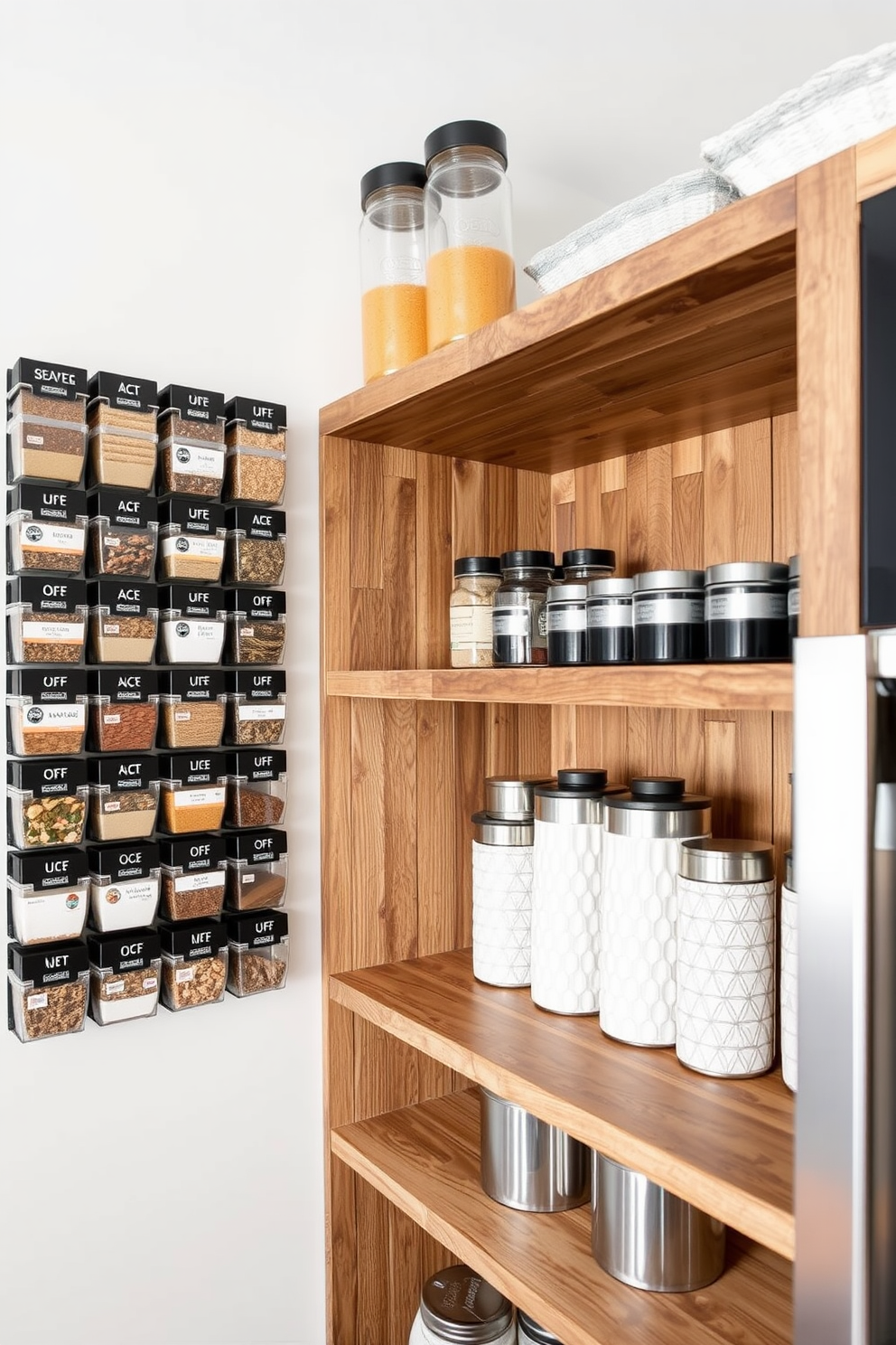 Magnetic spice racks are mounted on the walls, creating an organized and visually appealing display of spices. The pantry features open shelving made of reclaimed wood, complemented by sleek metal containers for a modern touch.