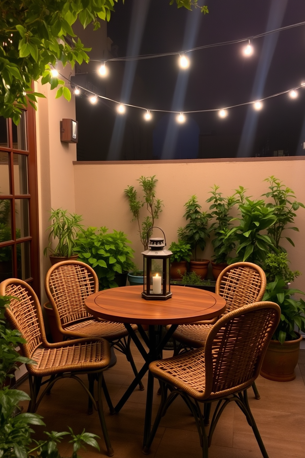 A cozy bistro dining area features a round wooden table surrounded by comfortable rattan chairs. Soft string lights are draped overhead, creating a warm and inviting atmosphere for evening meals. The patio is adorned with lush potted plants and a small herb garden, adding a touch of greenery. A vintage-style lantern sits on the table, providing gentle illumination and enhancing the bistro vibe.