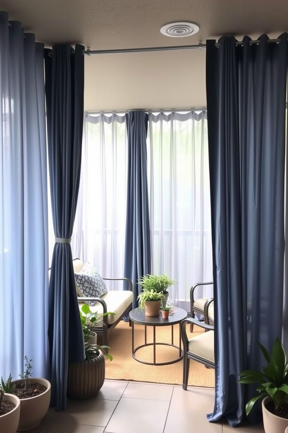 Create an inviting apartment patio space with outdoor curtains that provide privacy and a sense of tranquility. Incorporate comfortable seating options such as a plush sofa and accent chairs, surrounded by greenery and decorative potted plants.