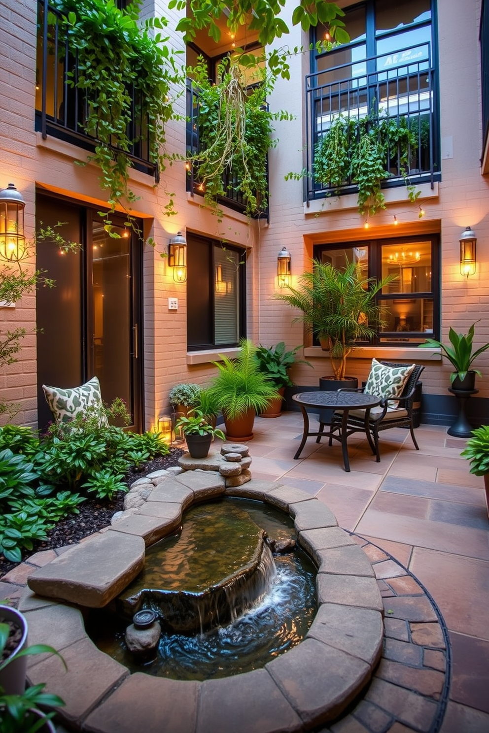 A cozy apartment patio featuring a small round dining table with elegant metal chairs. Lush greenery surrounds the space, creating a serene atmosphere with soft lighting strung overhead.