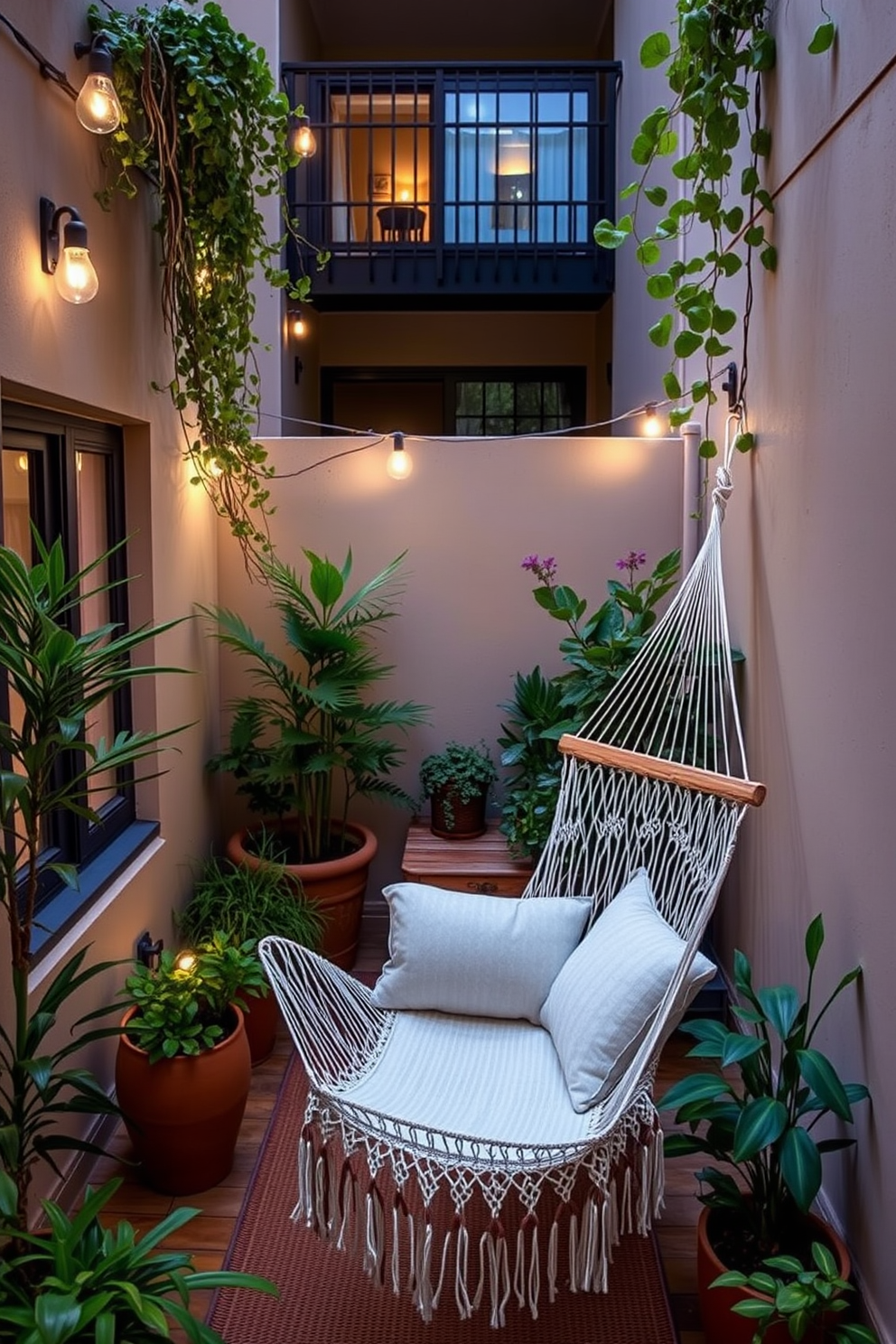 A cozy apartment patio featuring outdoor curtains for privacy. The space is adorned with a stylish seating arrangement, including a plush sofa and colorful cushions, surrounded by lush potted plants. String lights are hung overhead, creating a warm ambiance in the evening. A small coffee table sits in the center, perfect for enjoying drinks or snacks while soaking in the outdoor atmosphere.