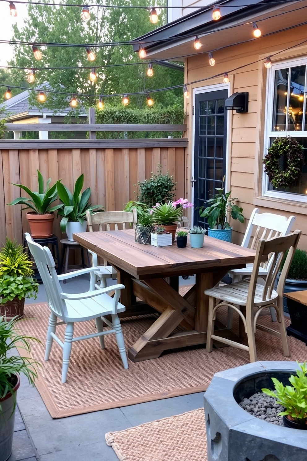 A rustic table made of reclaimed wood sits at the center of the patio, surrounded by mismatched chairs that add character. Lush potted plants in varying sizes are strategically placed around the table, creating a cozy and inviting atmosphere. String lights are draped overhead, casting a warm glow during the evening hours. A woven rug underfoot adds texture and comfort, while a small fire pit nearby provides a perfect spot for gathering with friends.