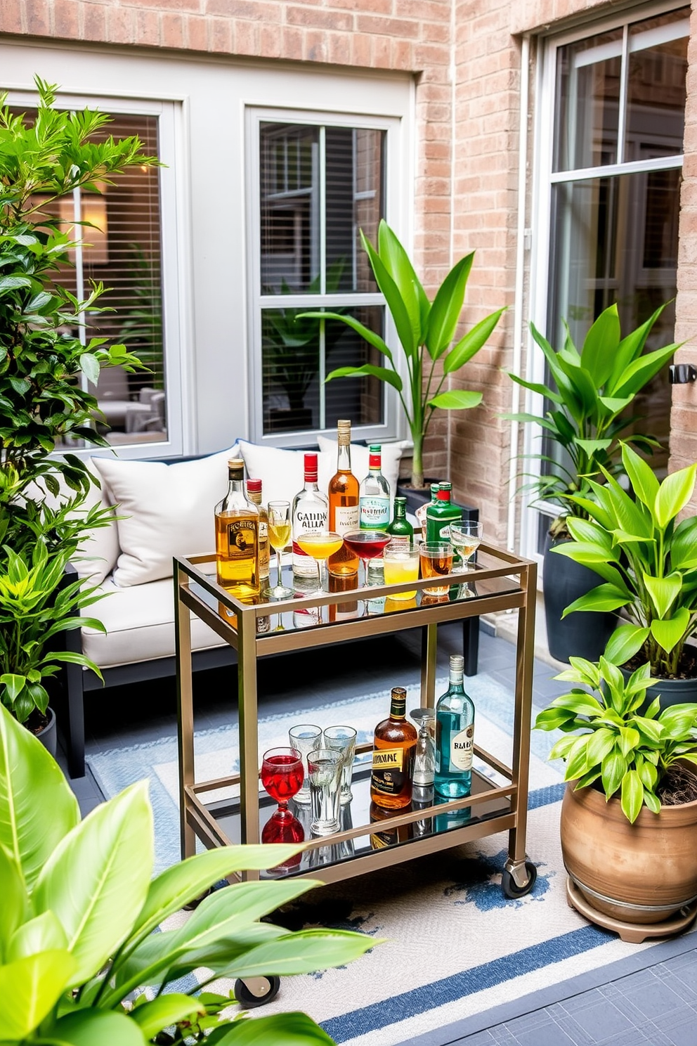 A stylish apartment patio featuring a sleek bar cart made of brushed metal and glass. The cart is adorned with an assortment of colorful cocktail glasses and a small selection of premium spirits. Surrounding the patio are lush potted plants that add a touch of greenery and vibrancy. The seating area includes a modern outdoor sofa with plush cushions and a low coffee table for casual gatherings.