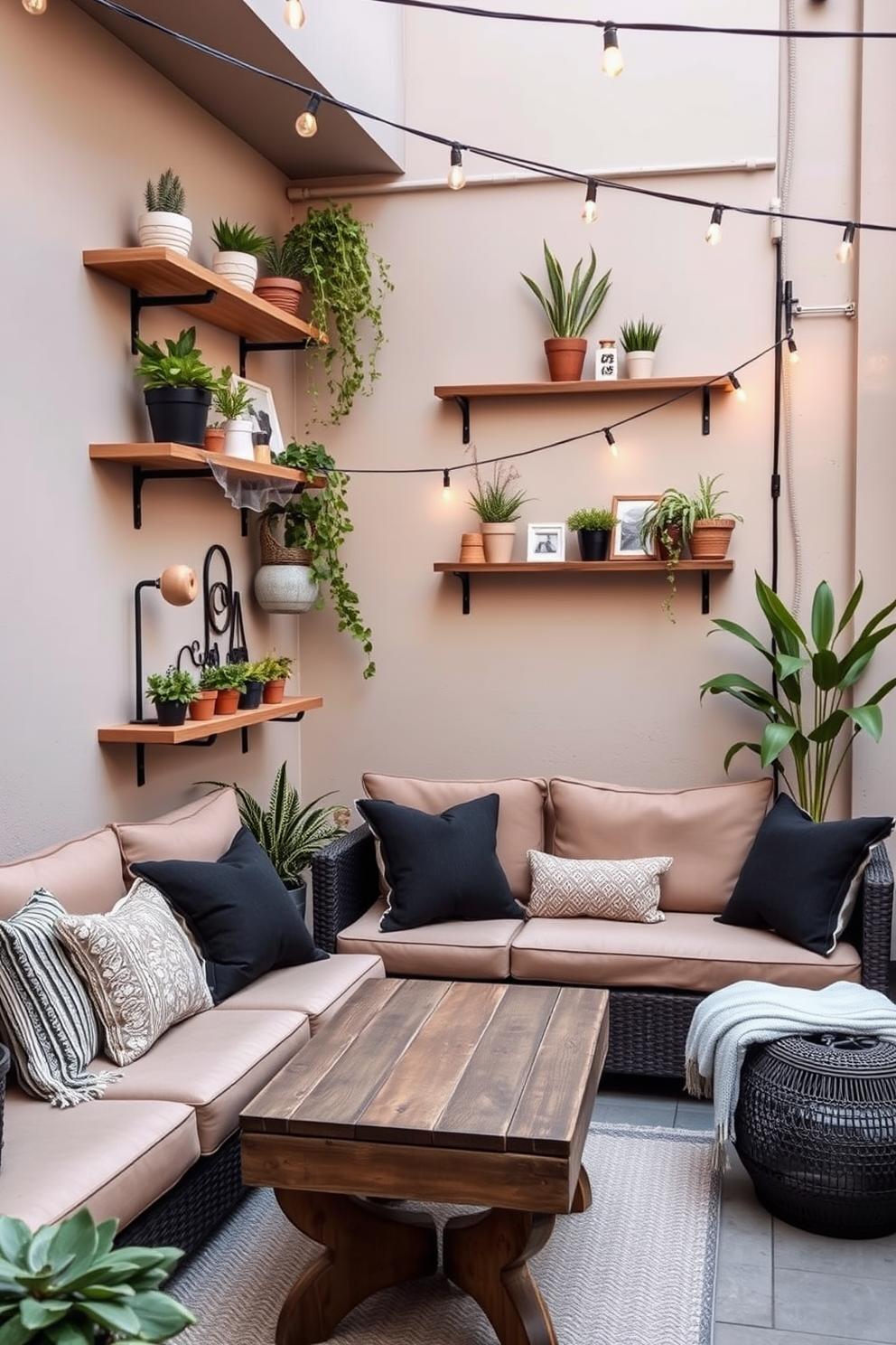 Create a stylish apartment patio that features wall-mounted shelves adorned with potted plants and decorative items. The seating area includes a comfortable outdoor sofa with plush cushions, complemented by a rustic coffee table and ambient string lights overhead.