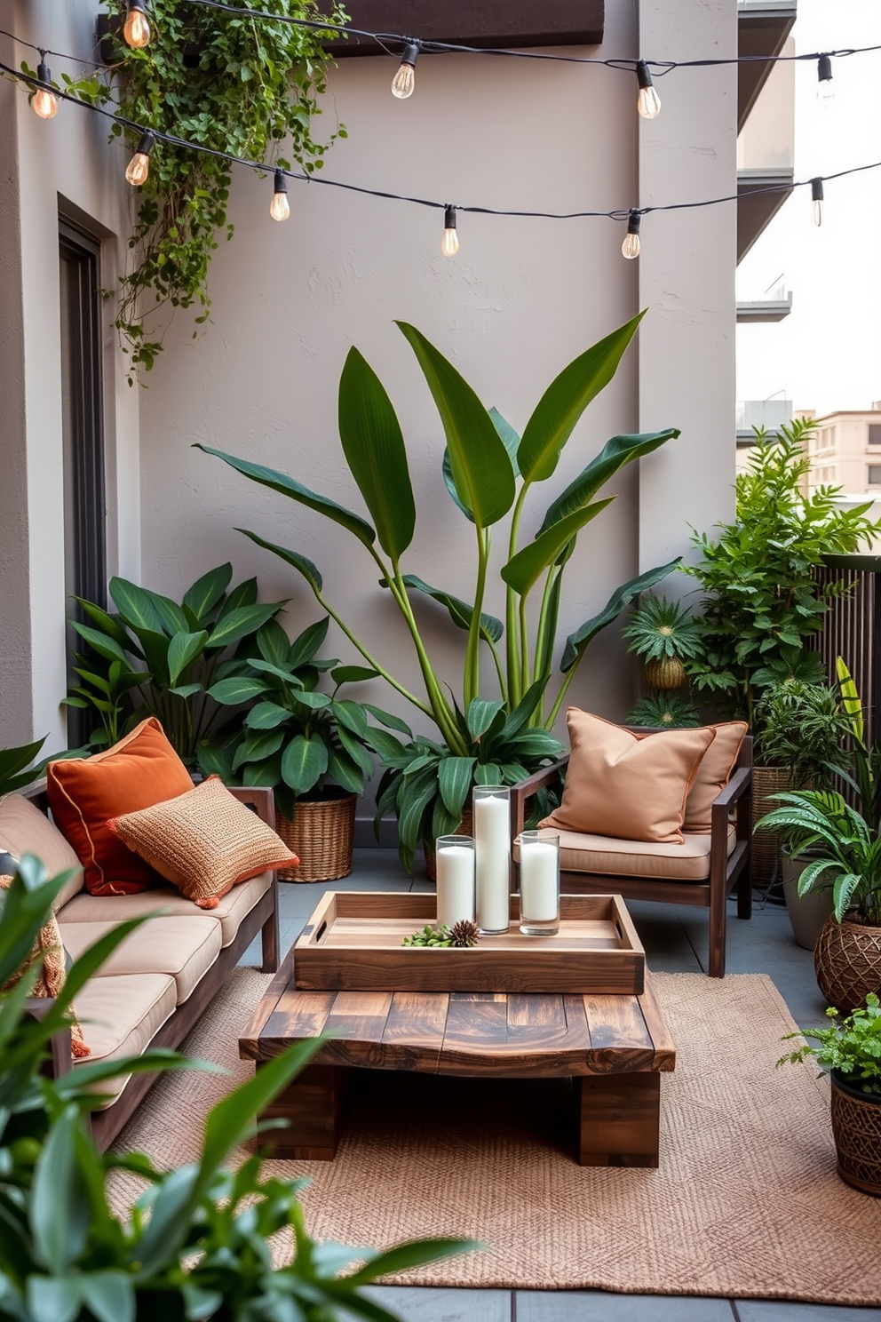 A beautifully designed apartment patio features a cozy seating area with plush cushions in earthy tones. Lush green plants in various sizes surround the space, creating a serene and inviting atmosphere. A stylish coffee table made of reclaimed wood sits at the center, adorned with a decorative tray and candles. String lights are draped overhead, casting a warm glow during the evening hours.