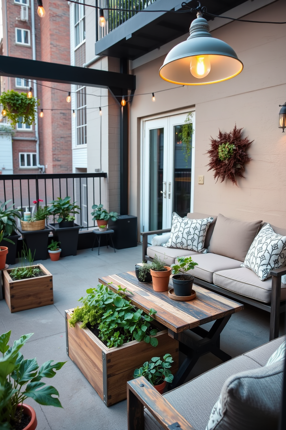 A cozy apartment patio featuring a small herb garden nestled in wooden planters. The space is adorned with comfortable seating, a rustic coffee table, and string lights overhead for a warm ambiance.